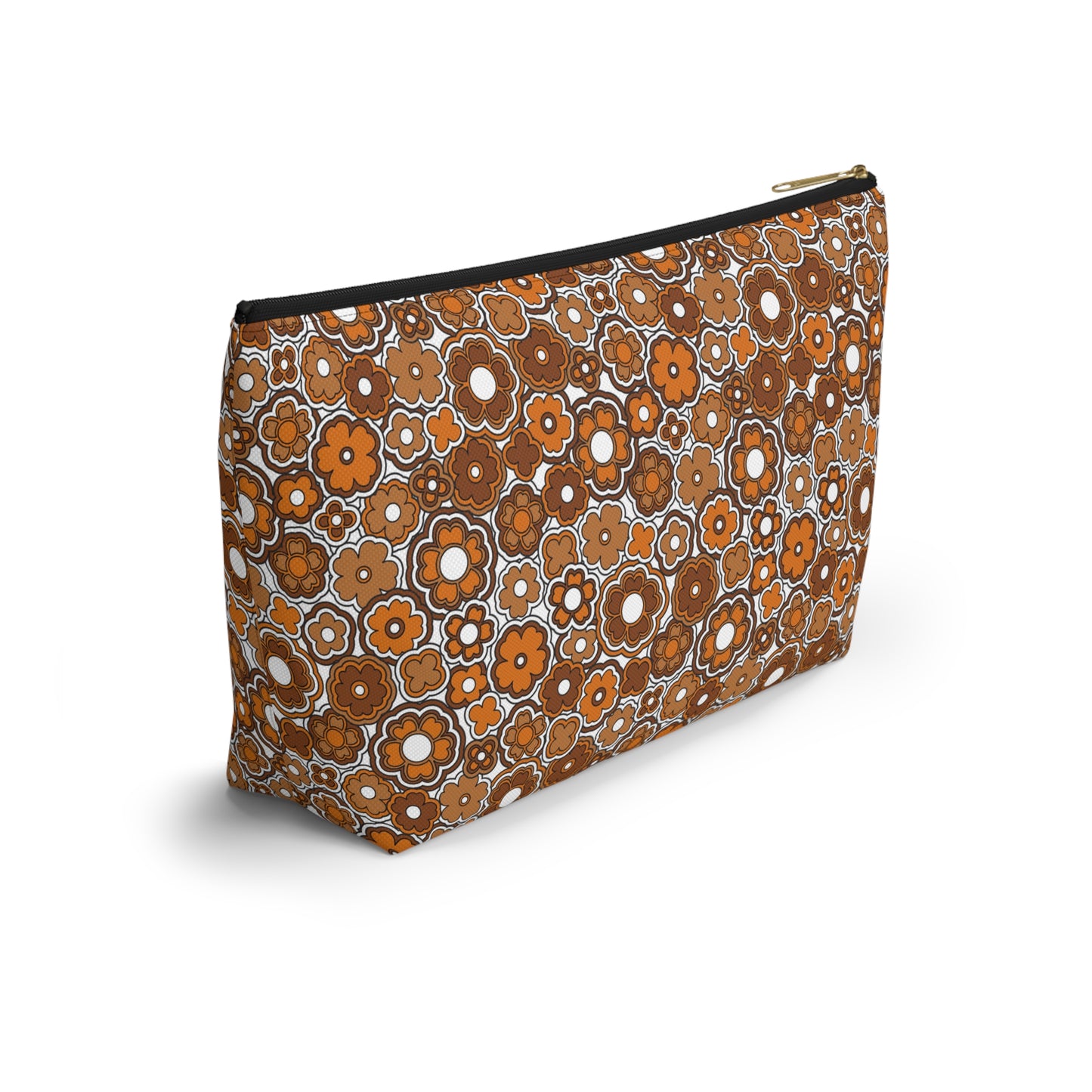 Flower Power Retro Brown Floral Print Design  Accessory Pouch w T-bottom