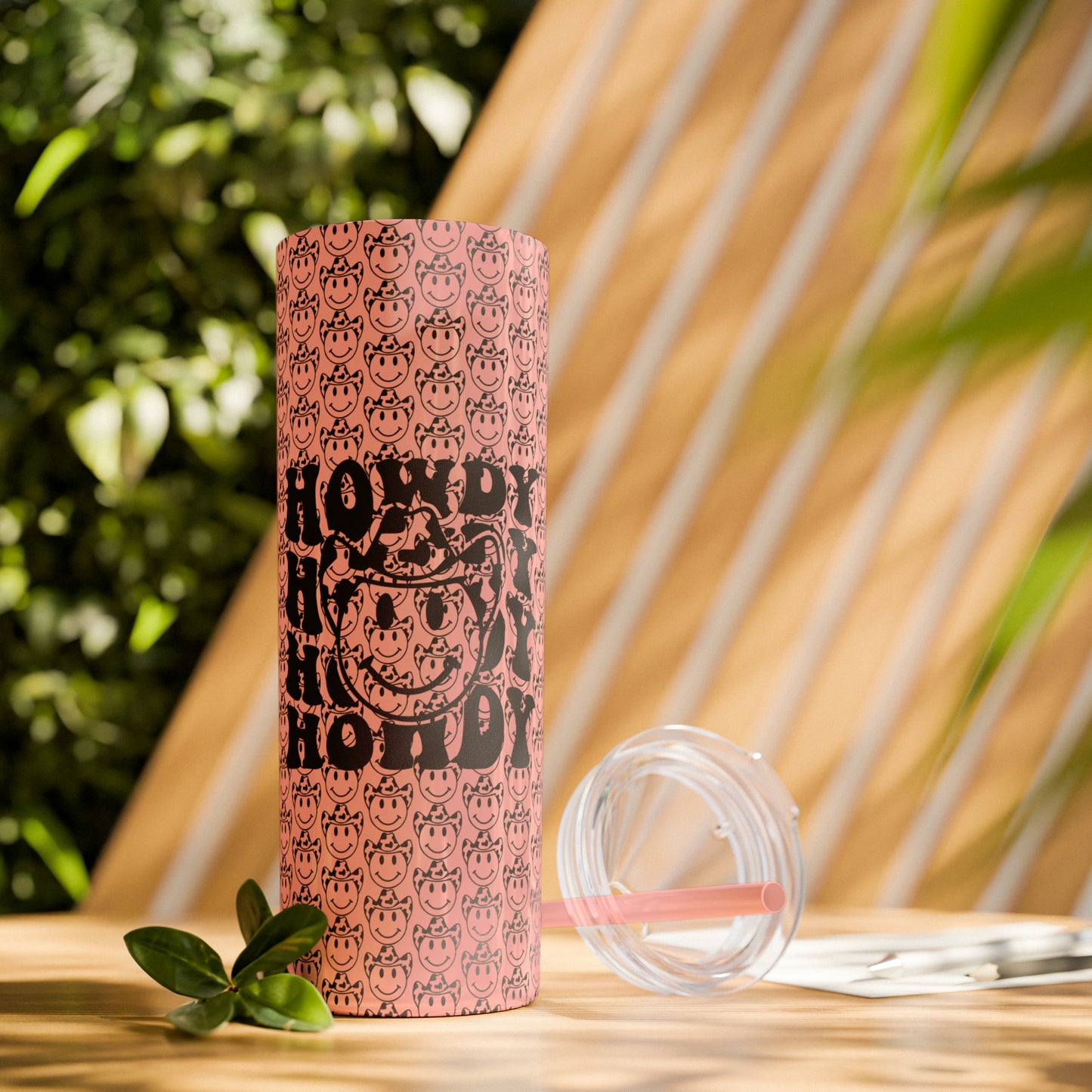 Howdy Howdy Howdy Smiley Face with Cowboy Hat Skinny Tumbler with Straw, 20oz