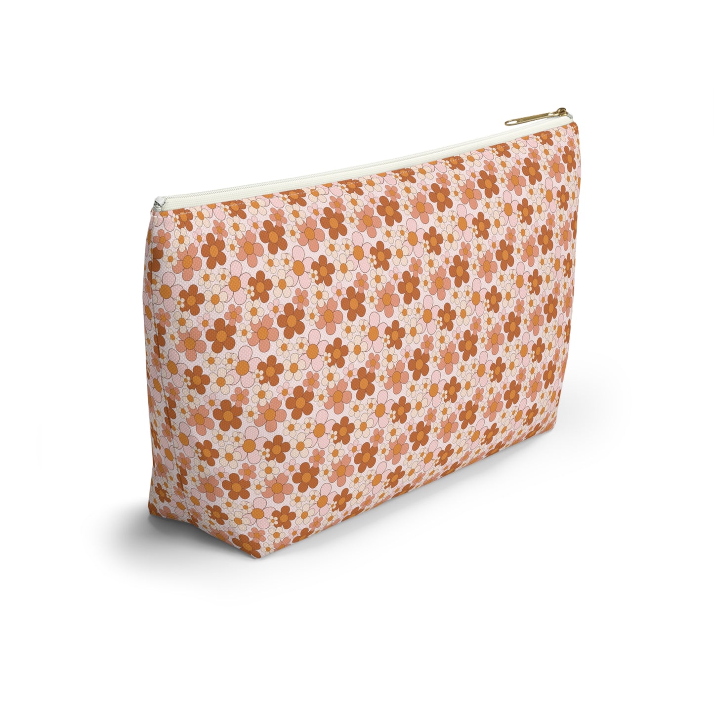 Retro Small Daisy Pink/Rust Floral Print Design Accessory Pouch w T-bottom
