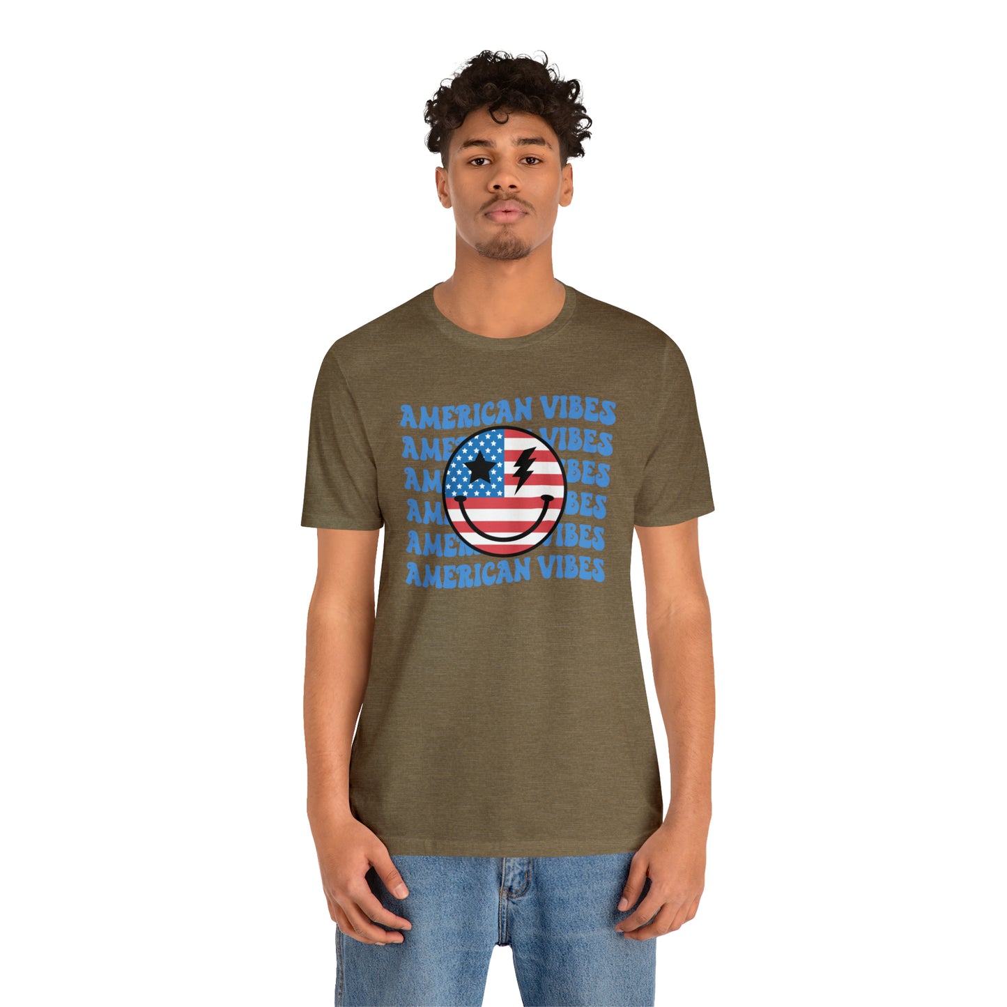 USA American Vibes American Flag Smiley Face Unisex Jersey Short Sleeve Tee