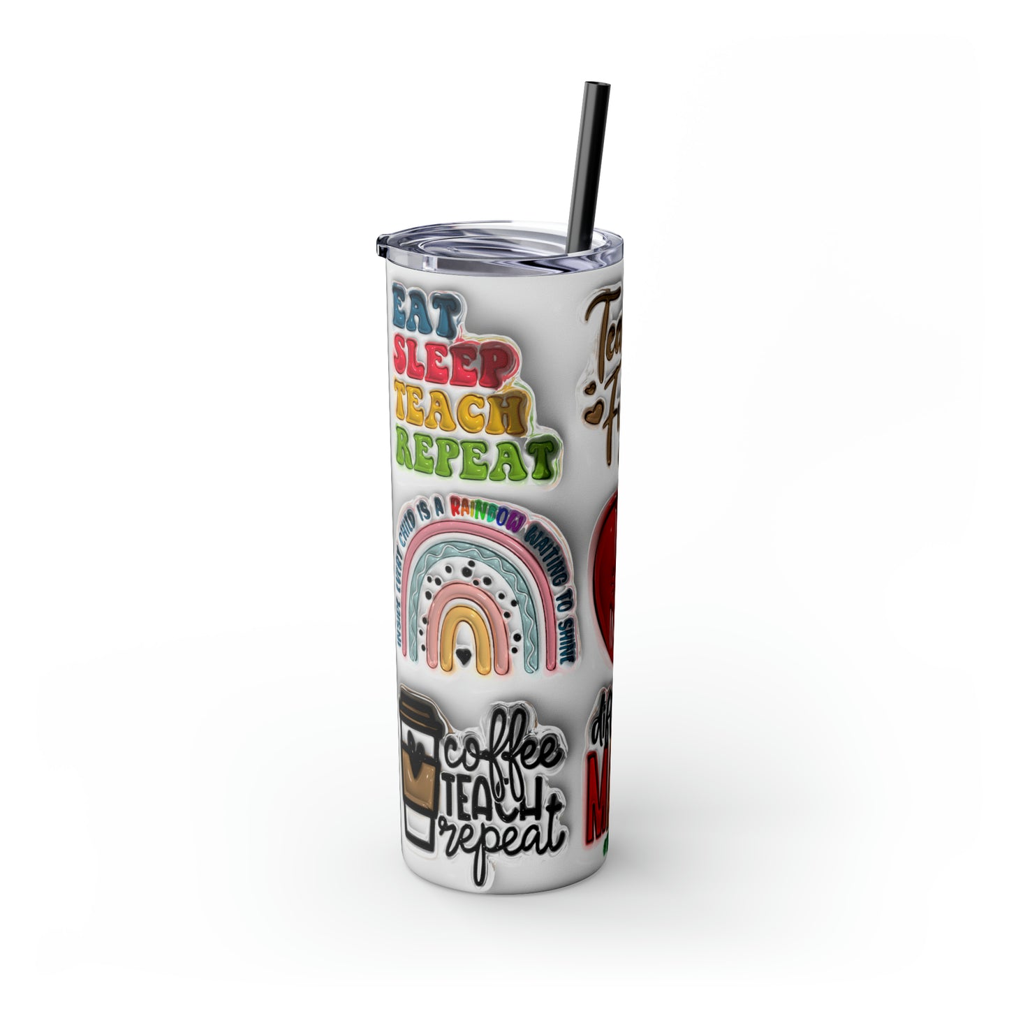 A+ Teacher Quotes Collage Skinny Tumbler with Straw, 20oz