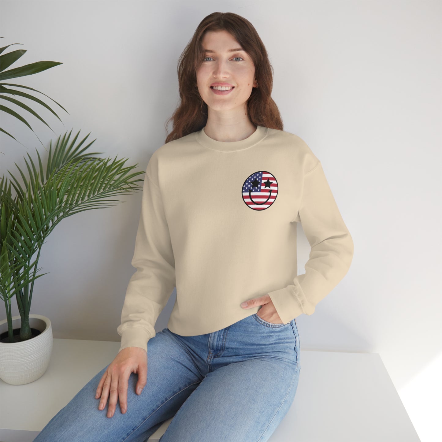 "Land of the Free Because of the Brave with Smiley Face Front" (Front & Back Design) - Unisex Heavy Blend™ Crewneck Sweatshirt