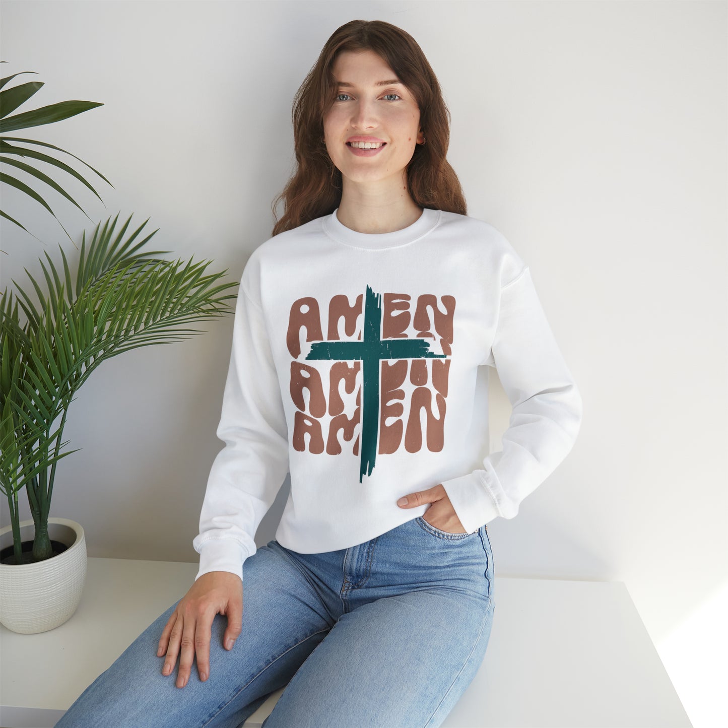 Vintage Amen Amen Amen with Cross Design Boho Color Print Heavy Blend™ Crewneck Sweatshirt