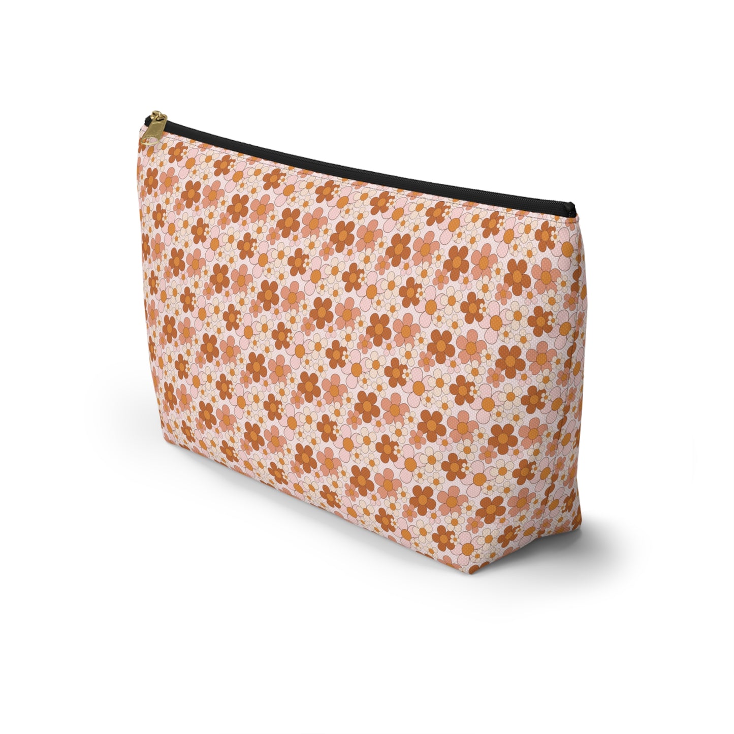 Retro Small Daisy Pink/Rust Floral Print Design Accessory Pouch w T-bottom