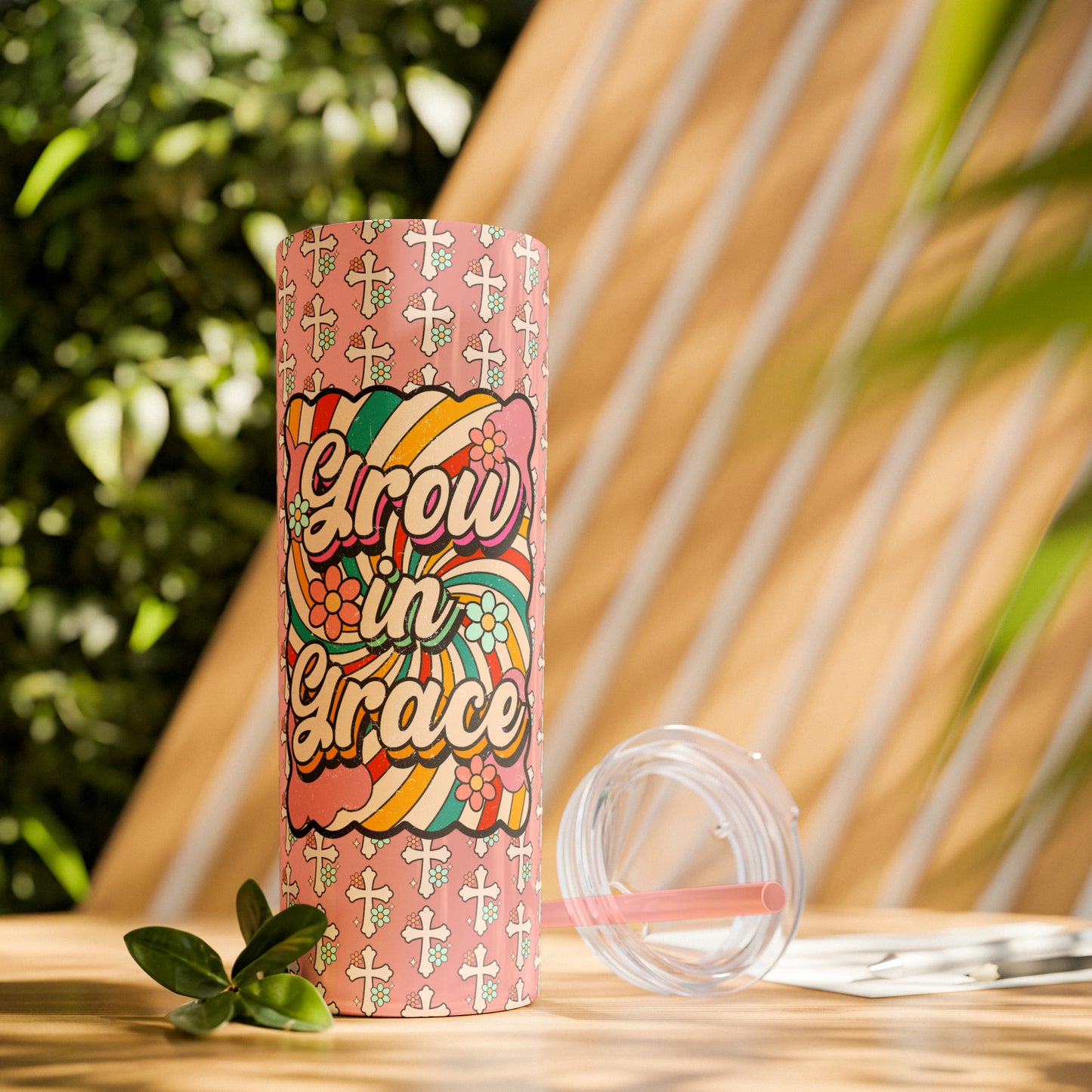 Grow in Grace with Daisy Crosses Christian Skinny Tumbler with Straw, 20oz
