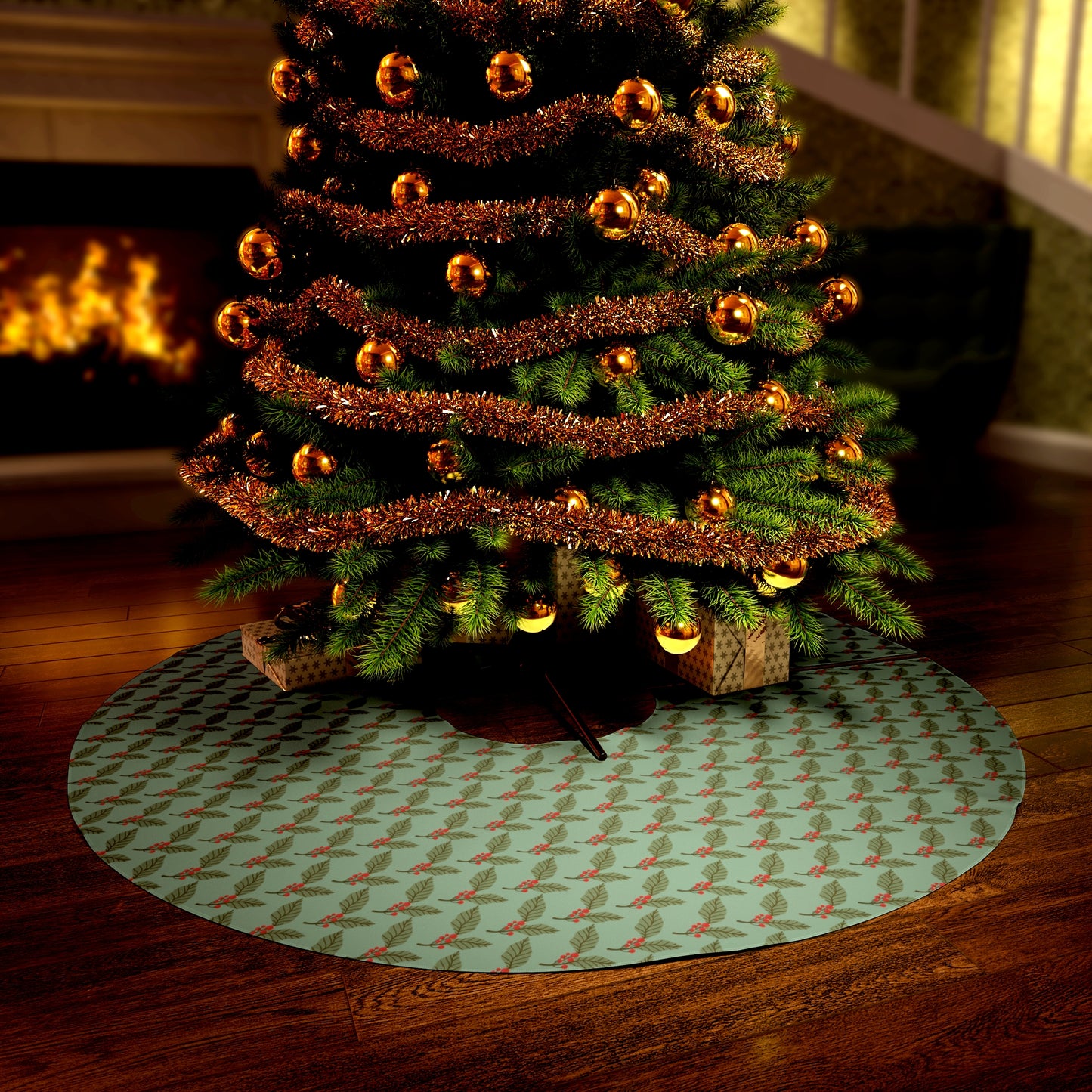 Christmas and Holiday Holly and Berry Leaf Round Tree Skirt