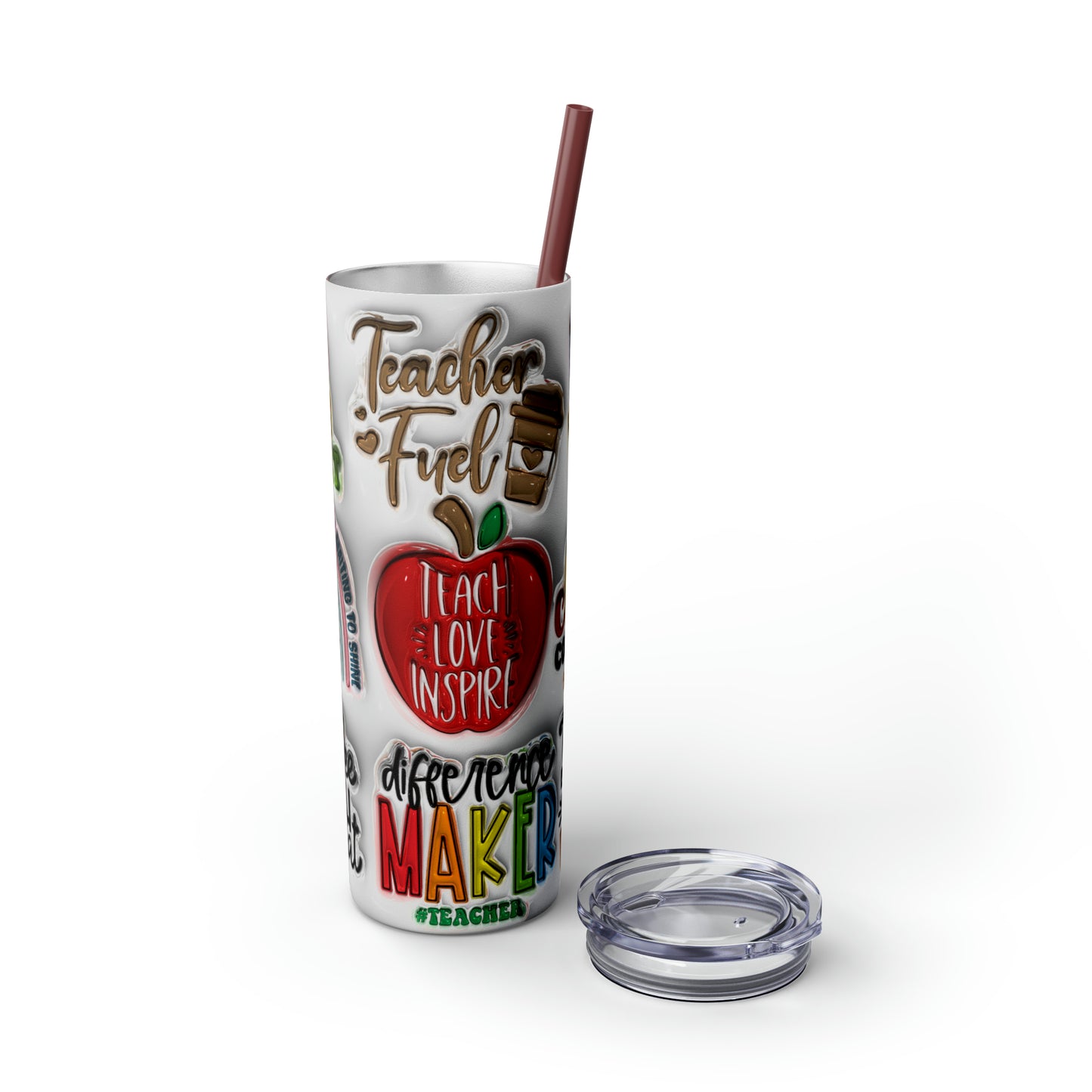 A+ Teacher Quotes Collage Skinny Tumbler with Straw, 20oz