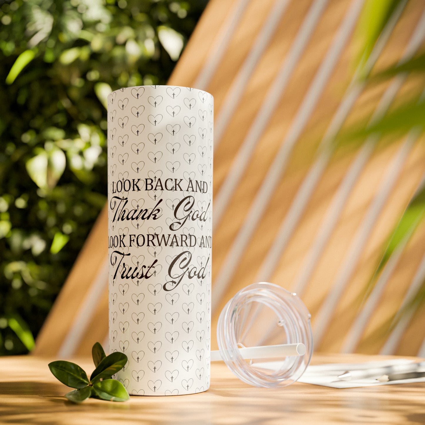 Look Back and Thank God Look Forward and Trust God Christian Skinny Tumbler with Straw, 20oz