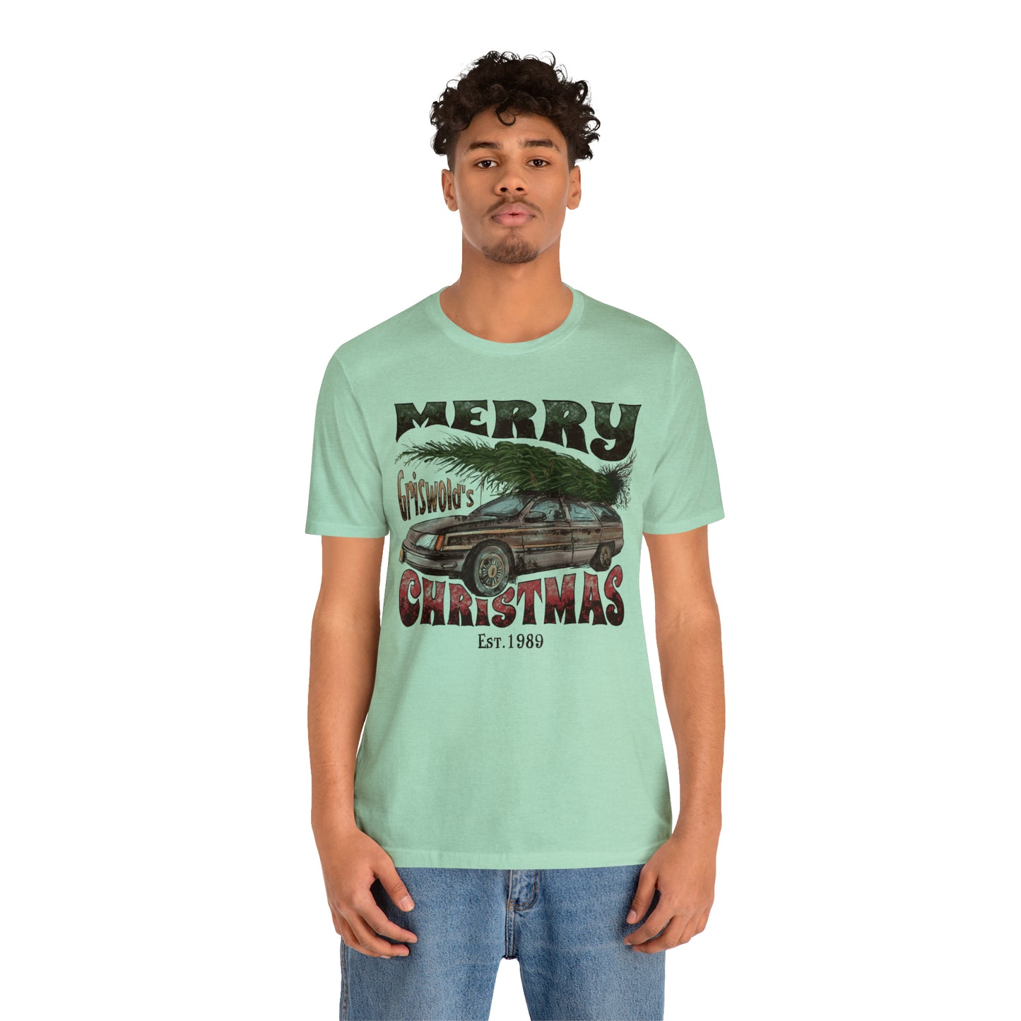 Distressed Griswold's Christmas Tree Station Wagon Holiday Bella Jersey Short Sleeve Tee (Unisex)