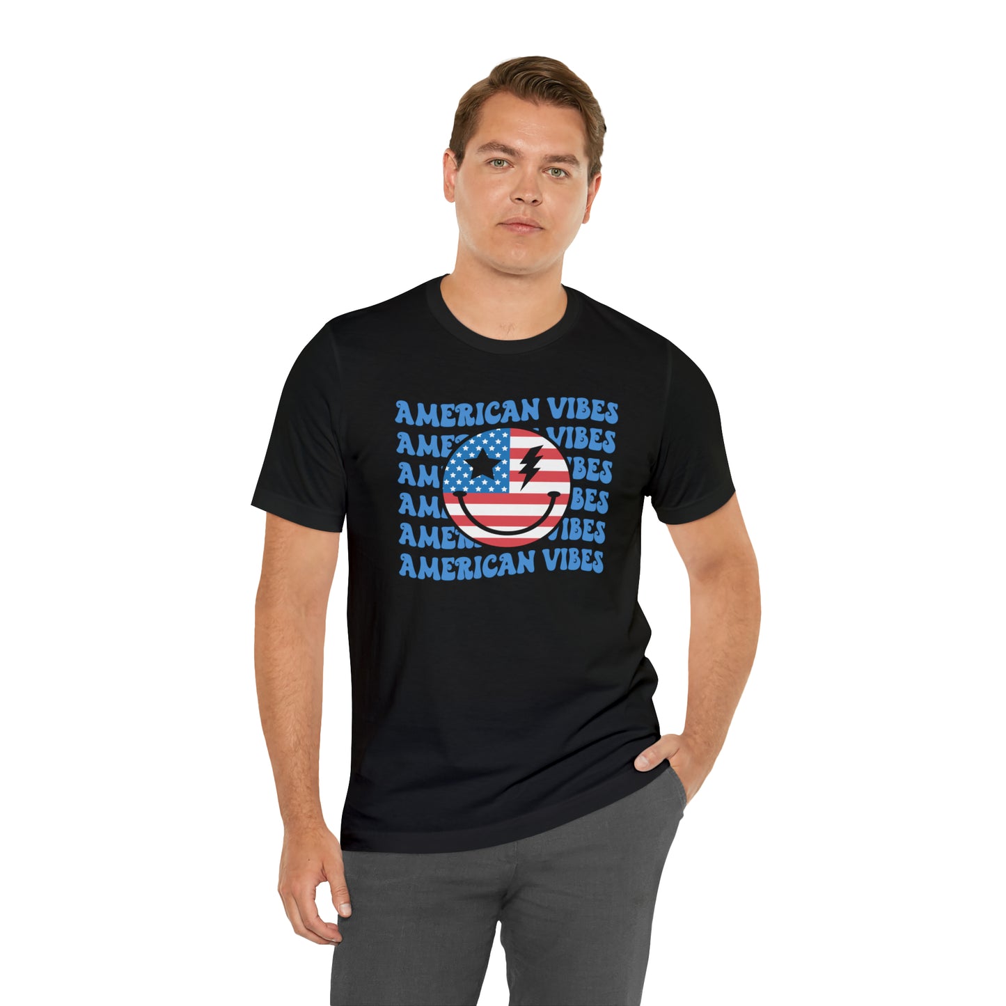 USA American Vibes American Flag Smiley Face Unisex Jersey Short Sleeve Tee