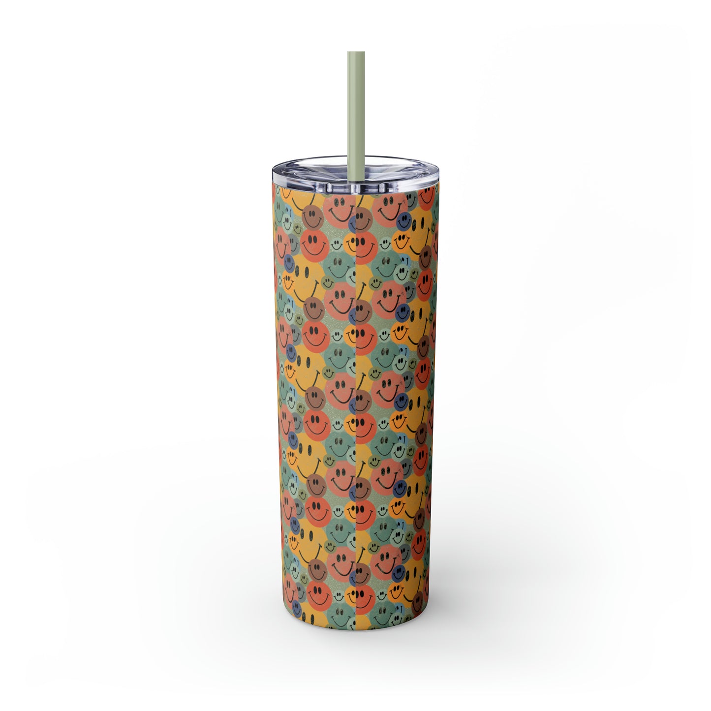 Old School Smiley Face Stickers Patterned Skinny Tumbler with Straw, 20oz