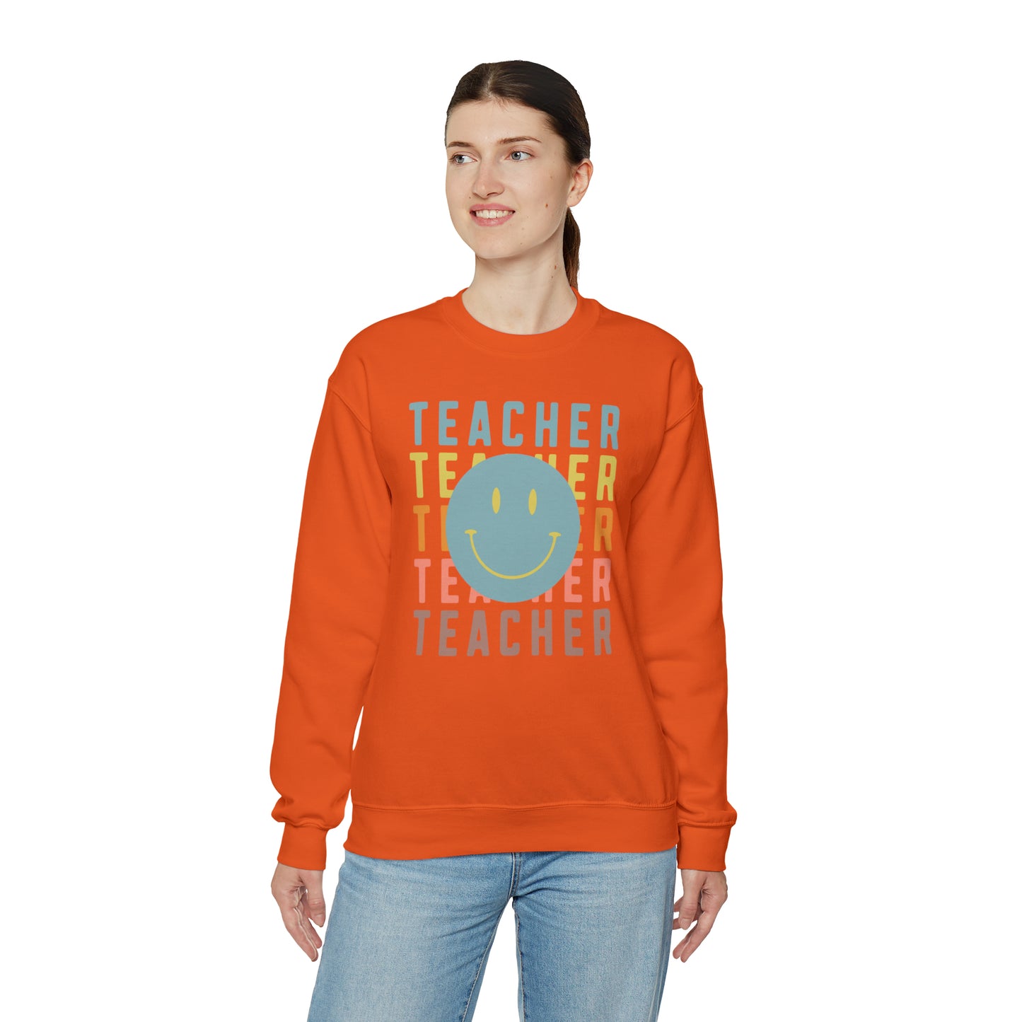 Multi Colored Teacher with Smiley Face Unisex Heavy Blend™ Crewneck Sweatshirt