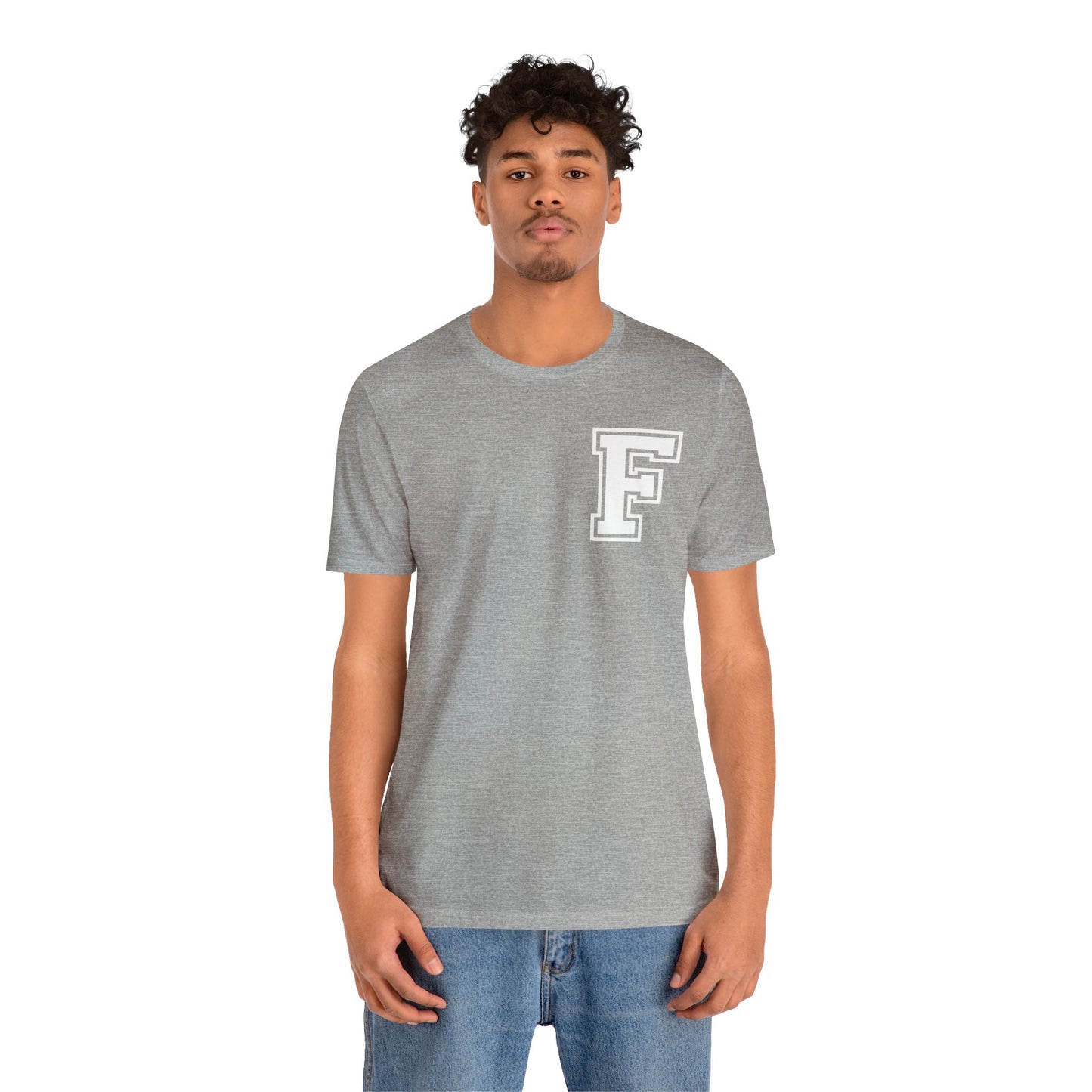 Front and Back Design - Varsity F Vertical Freeburg Midgets Logo Bella Jersey Short Sleeve Tee (Unisex)