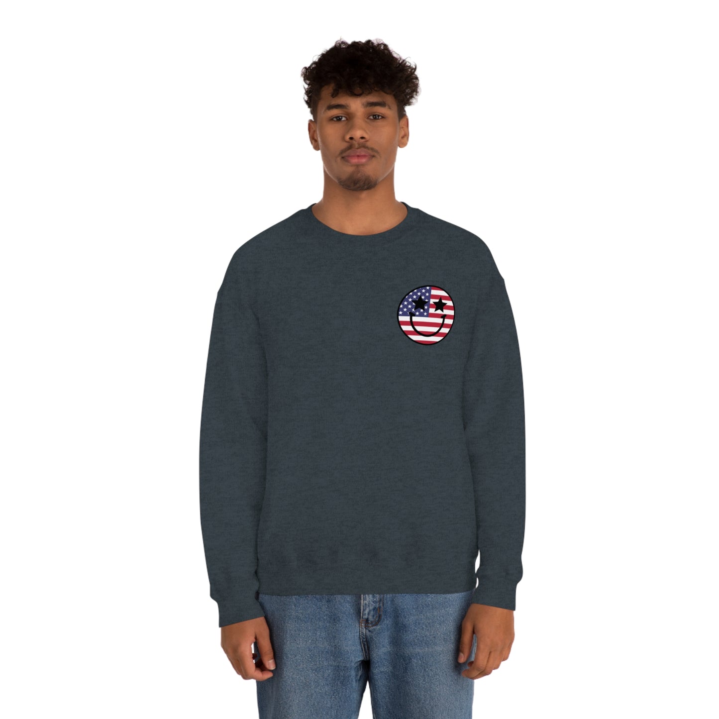 "Land of the Free Because of the Brave with Smiley Face Front" (Front & Back Design) - Unisex Heavy Blend™ Crewneck Sweatshirt