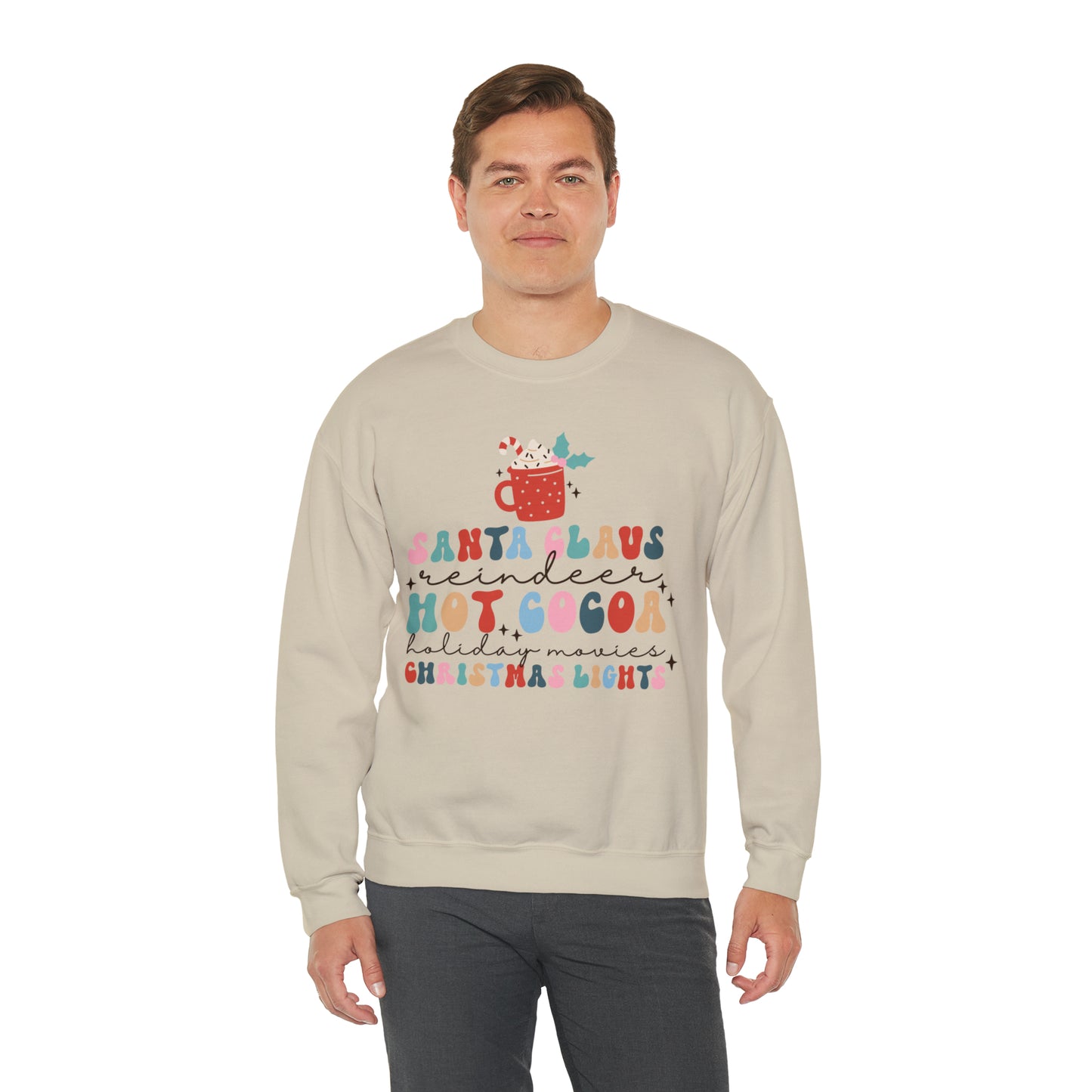 Santa Claus Reindeer Hot Cocoa Christmas Lights Heavyweight Crewneck Sweatshirt