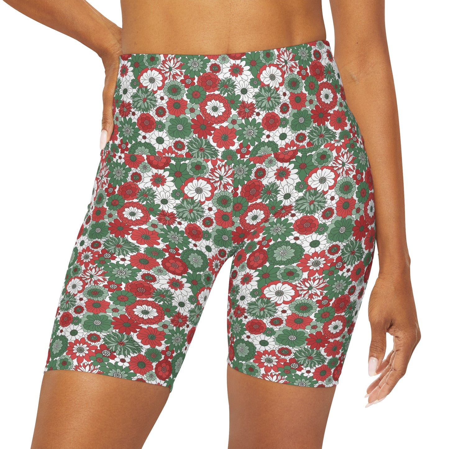 Retro Floral Christmas Holiday Yoga Shorts