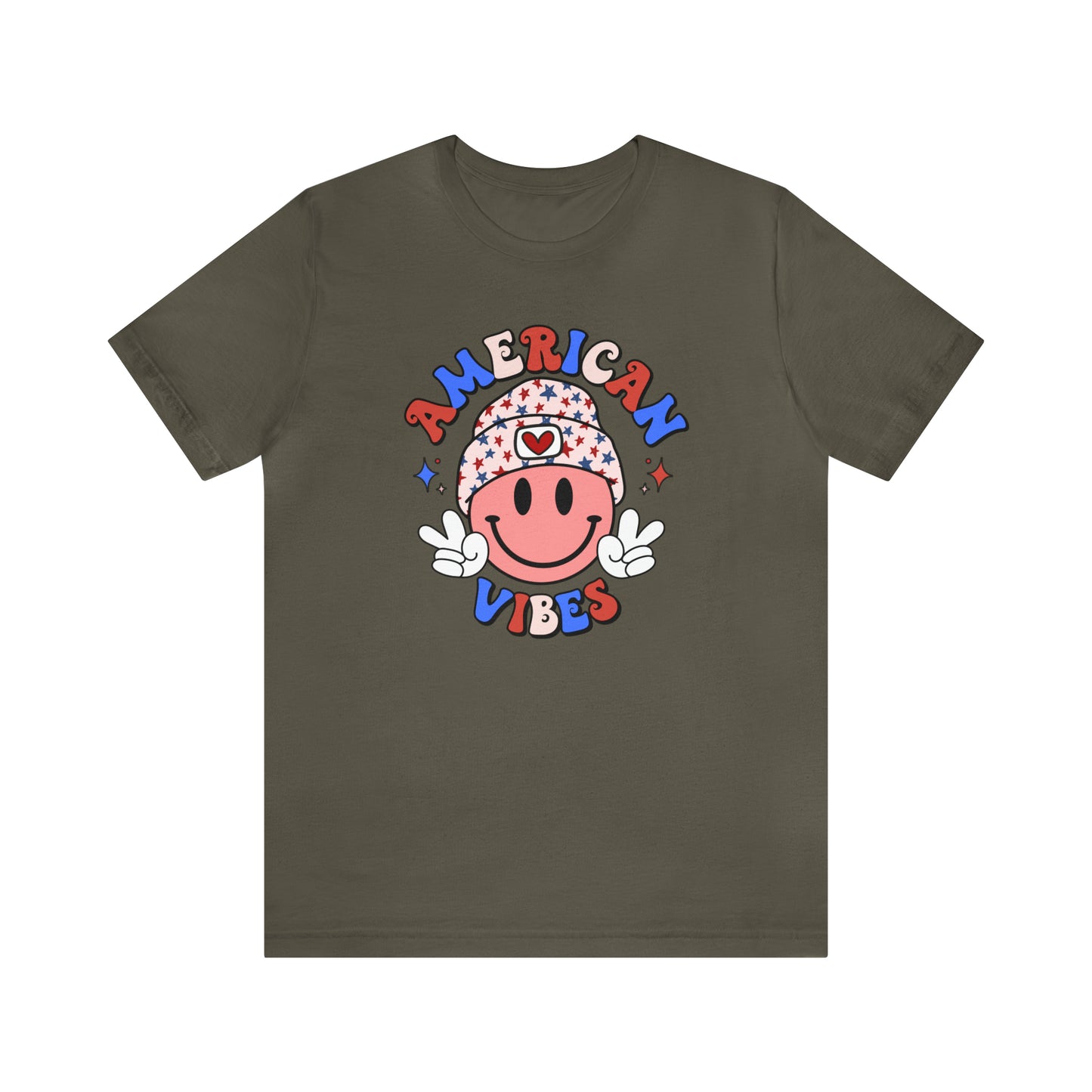 American Vibes USA Smiley Face with Stars Beanie with two hand peace signs Unisex Jersey Short Sleeve Tee
