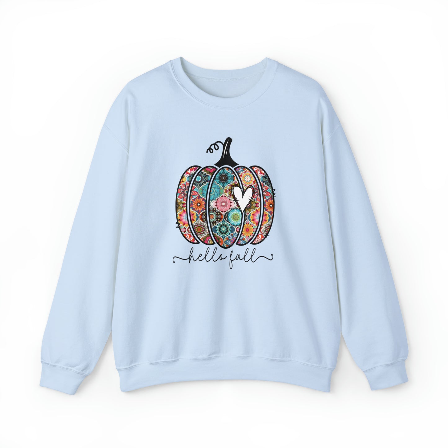 Hello Fall Print Pumpkin Fall Halloween Retro Warm Colored Unisex Heavy Blend™ Crewneck Sweatshirt
