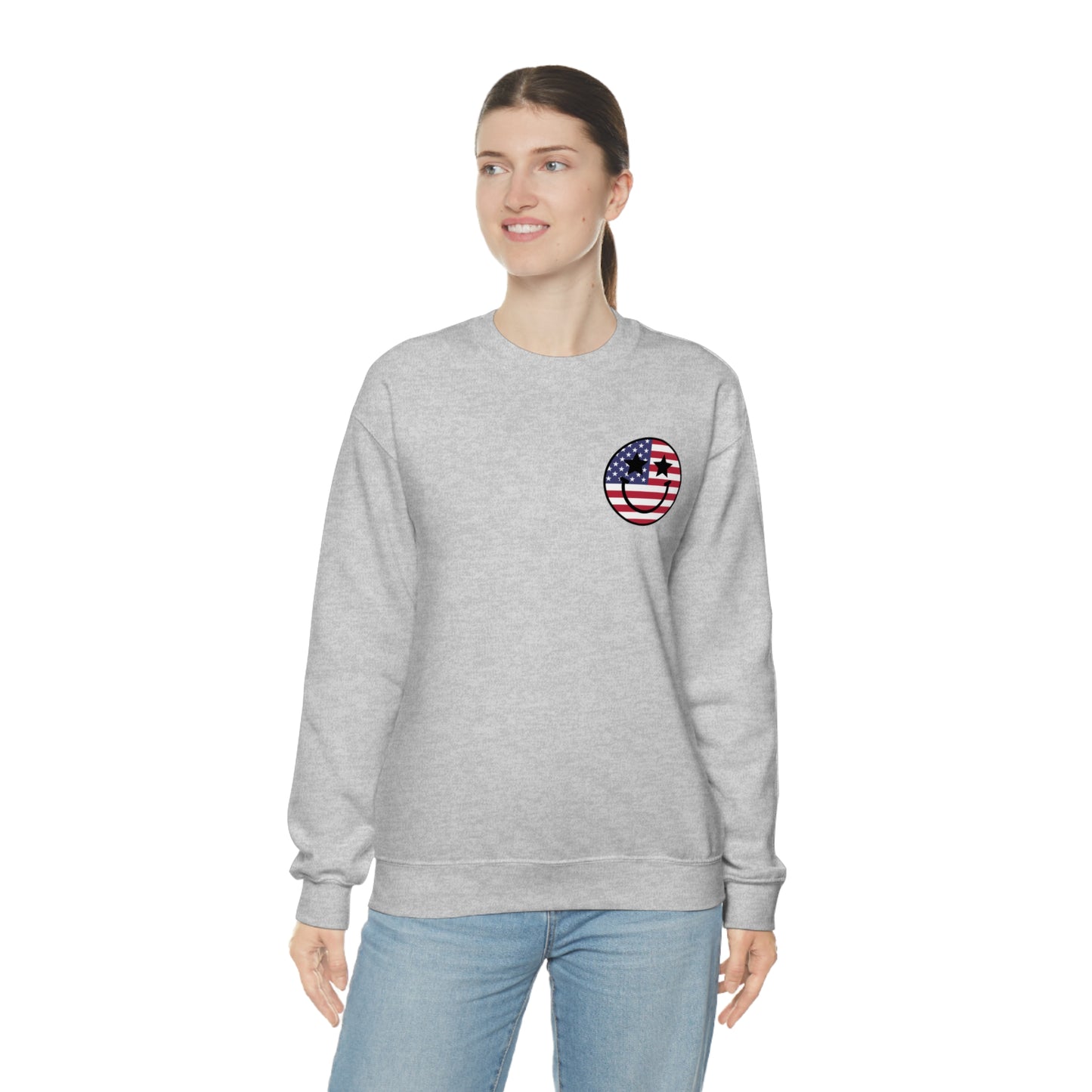 "Land of the Free Because of the Brave with Smiley Face Front" (Front & Back Design) - Unisex Heavy Blend™ Crewneck Sweatshirt