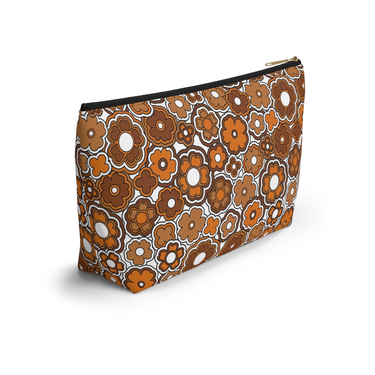 Flower Power Retro Brown Print Accessory Pouch w T-bottom