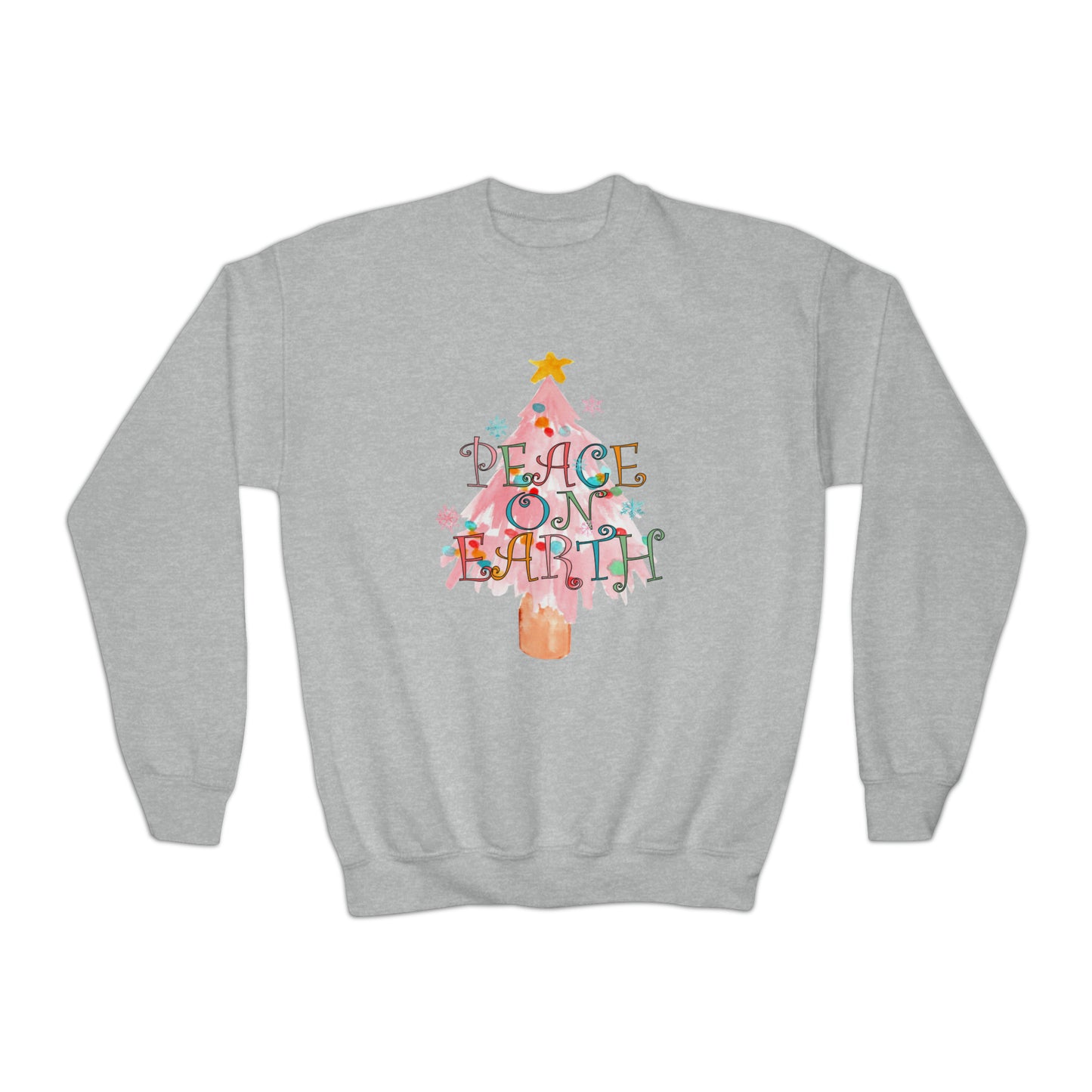 YOUTH - Peace on Earth Pink Christmas Tree/ Holiday Youth Crewneck Sweatshirt