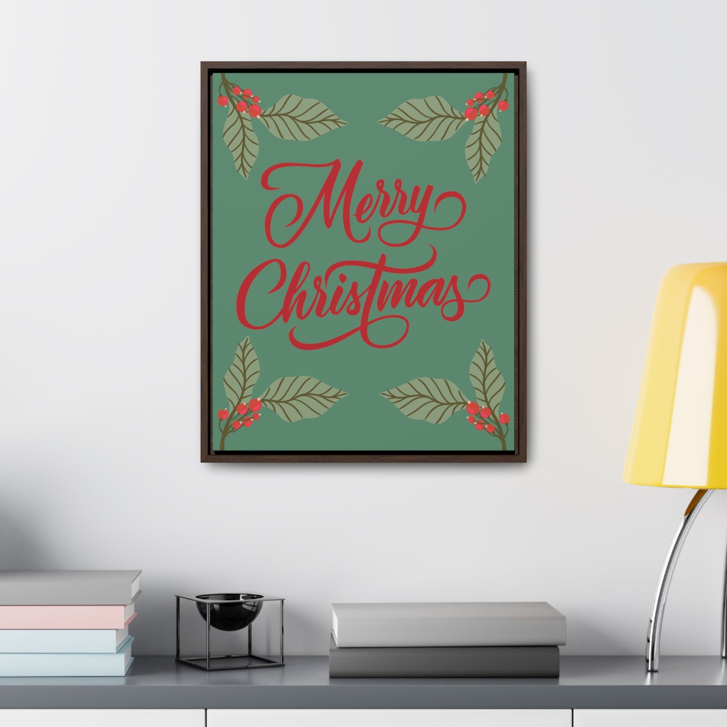 Merry Christmas Holly Berry Christmas Leaf Gallery Canvas Wraps, Vertical Frame