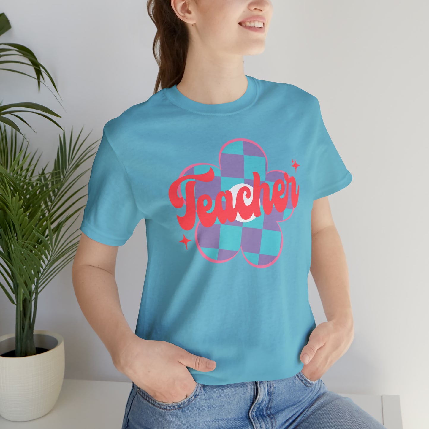 Purple and Blue Plaid Daisey Teacher T-Shirt