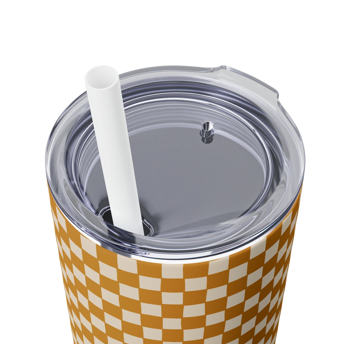 Boho Golden Checkerboard Print Skinny Tumbler with Straw, 20oz
