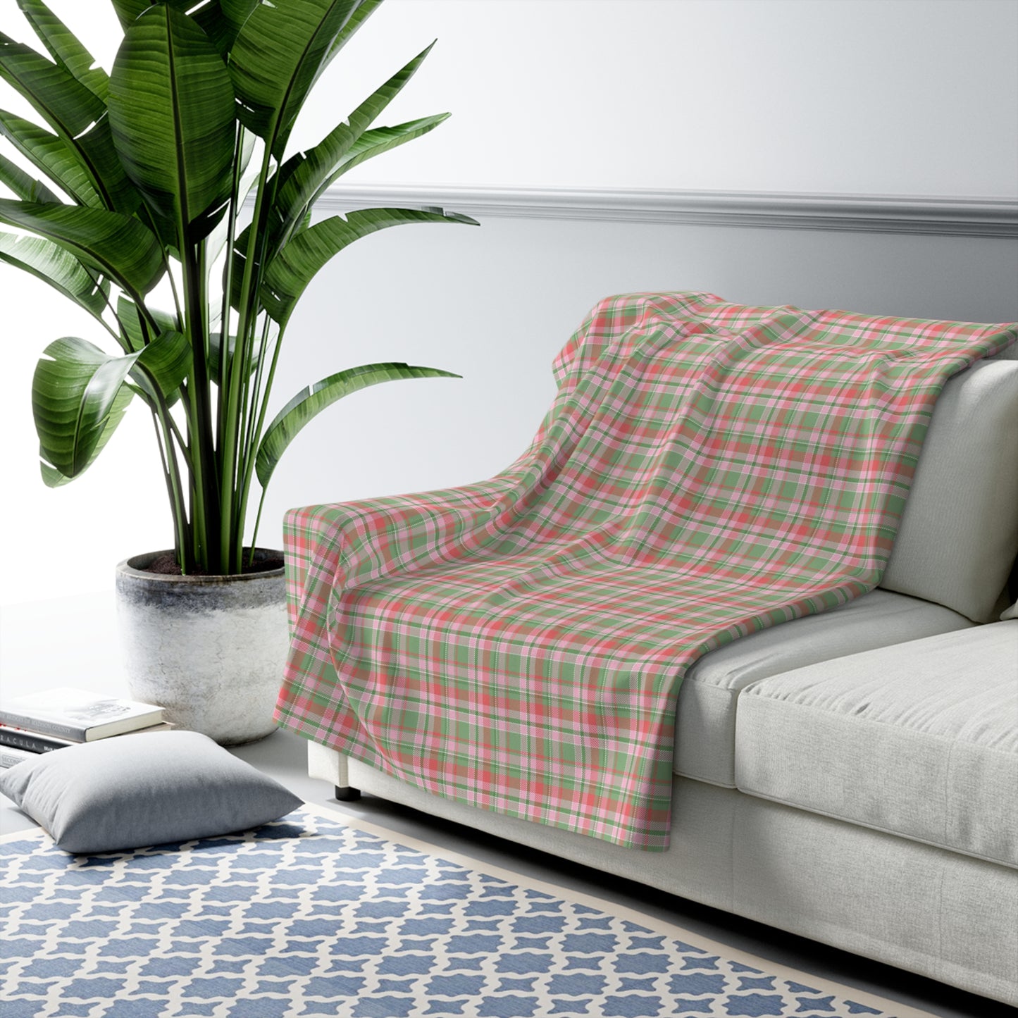 Pink and Green Christmas Plaid Sherpa Fleece Blanket