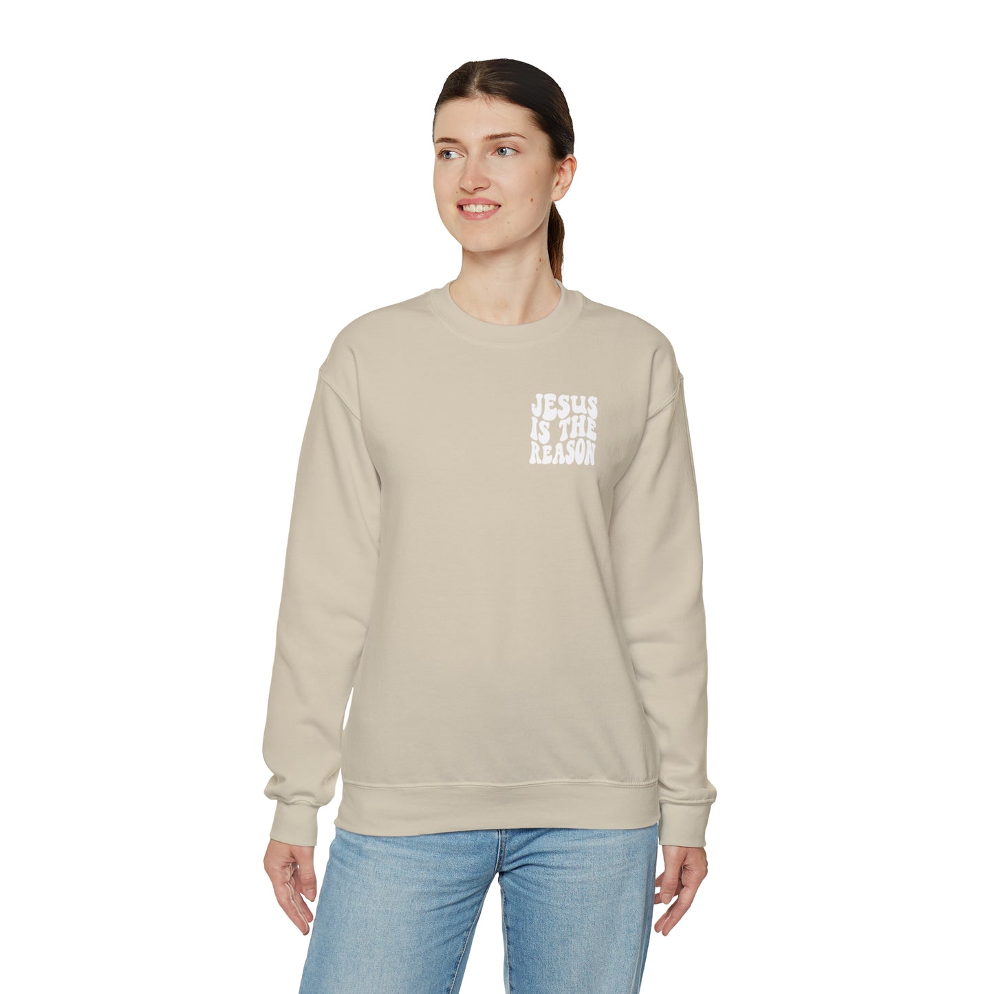 Jesus is the Reason Front & Back Design White Logo Unisex Heavy Blend™ Crewneck Sweatshirt