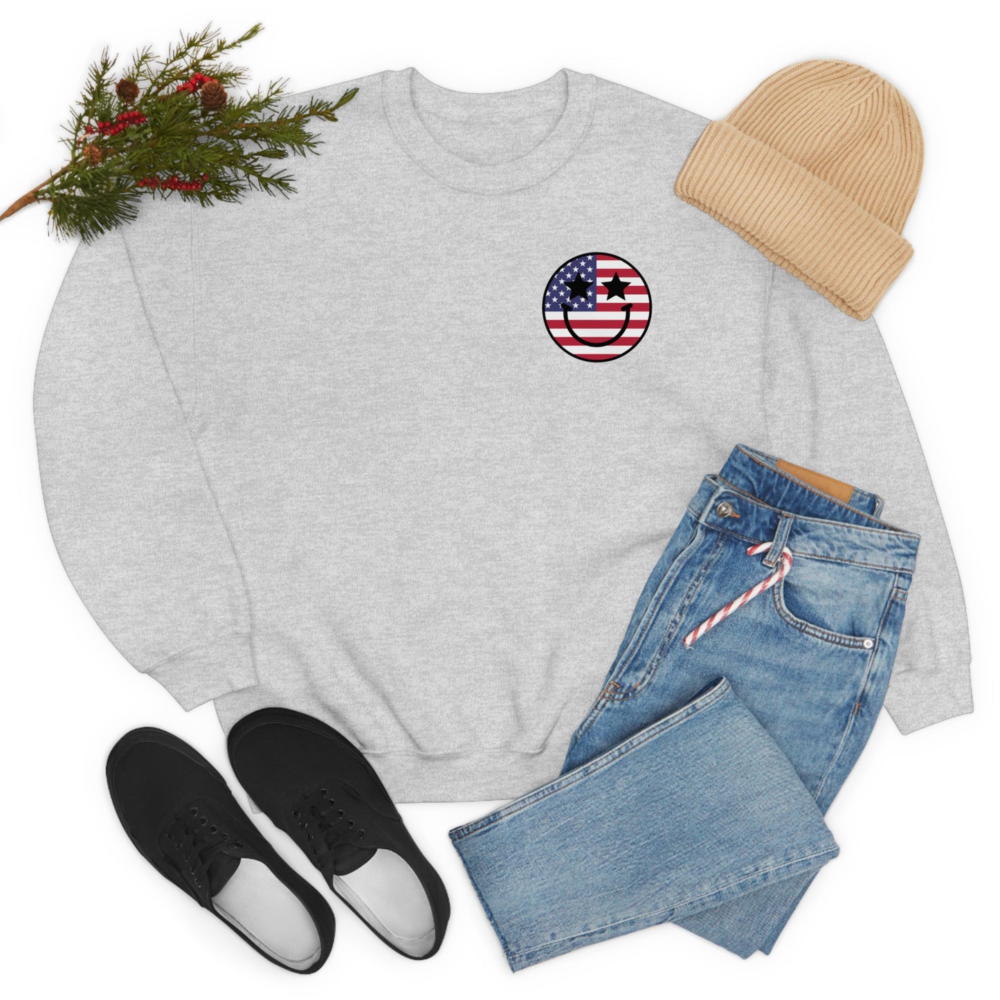"Land of the Free Because of the Brave with Smiley Face Front" (Front & Back Design) - Unisex Heavy Blend™ Crewneck Sweatshirt