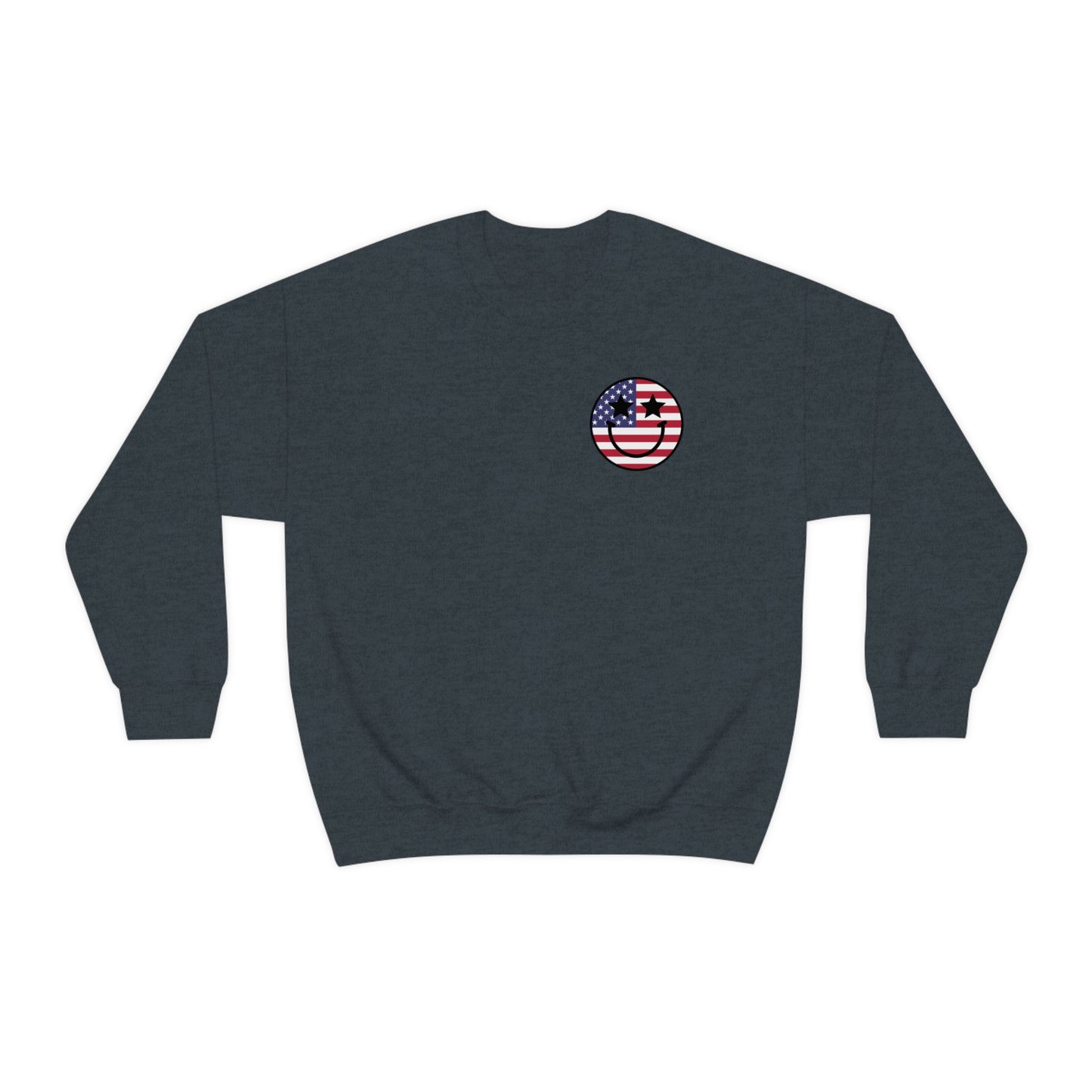 "Land of the Free Because of the Brave with Smiley Face Front" (Front & Back Design) - Unisex Heavy Blend™ Crewneck Sweatshirt