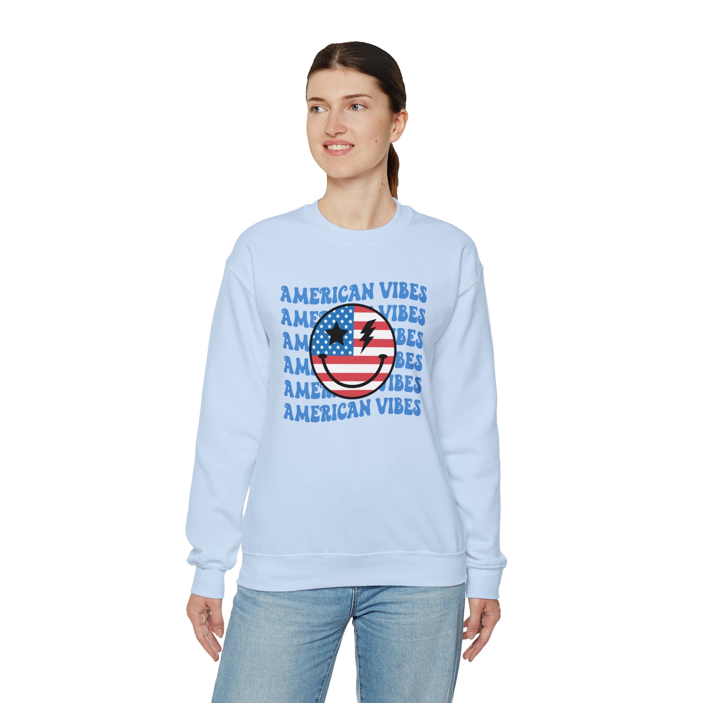 USA American Vibes Flag Smiley Face Heavy Blend™ Crewneck Sweatshirt