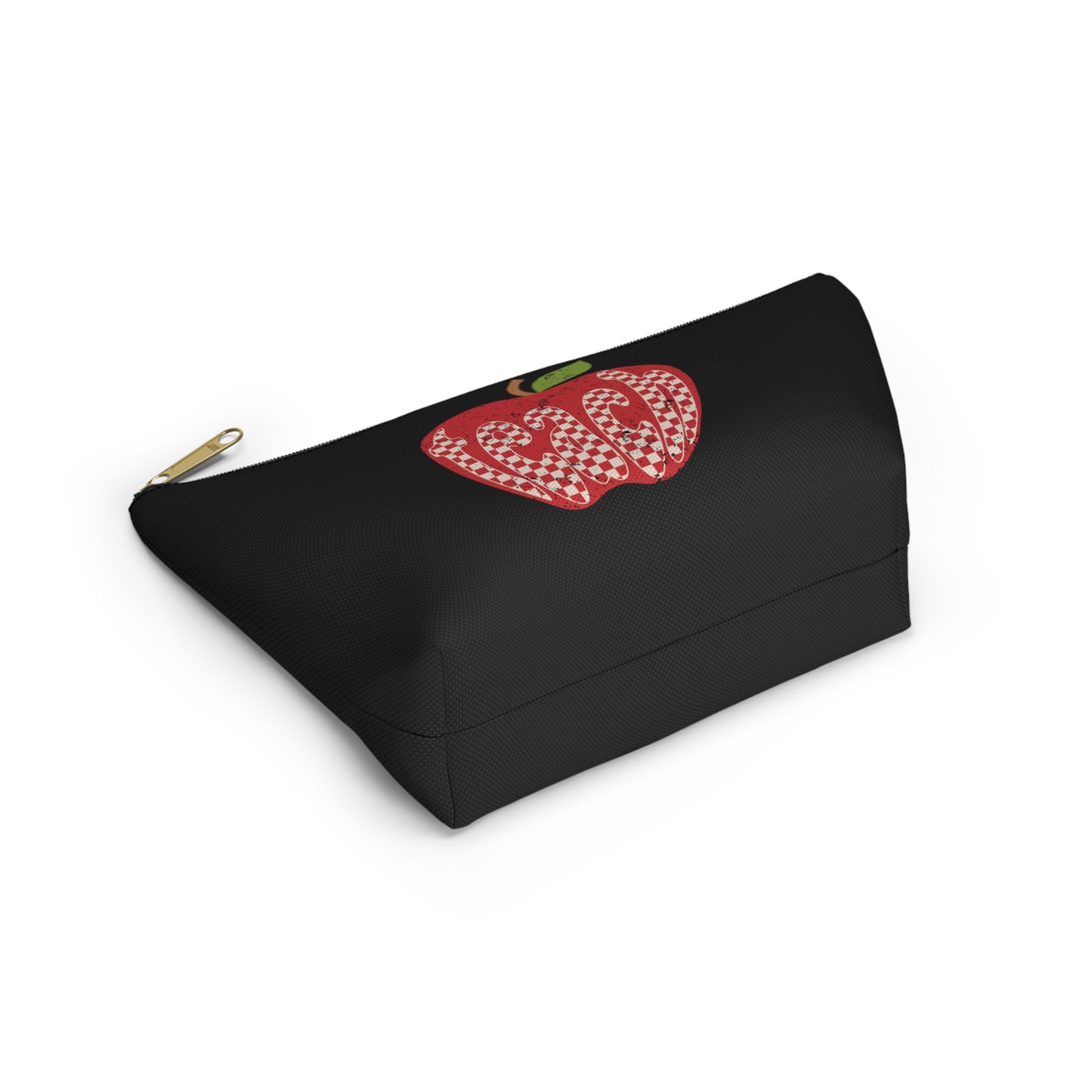 Distressed Teacher Checkered Apple Print Design Accessory Pouch w T-bottom - Black