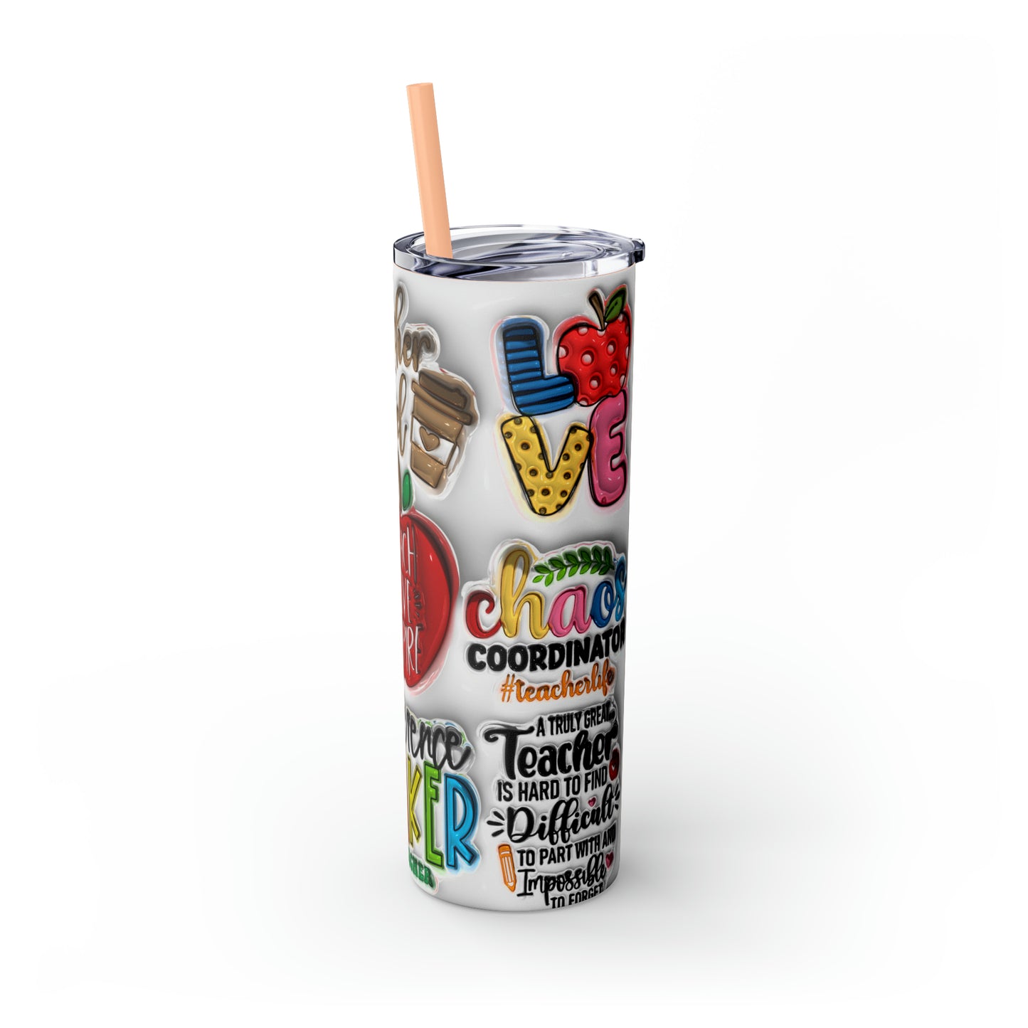 A+ Teacher Quotes Collage Skinny Tumbler with Straw, 20oz