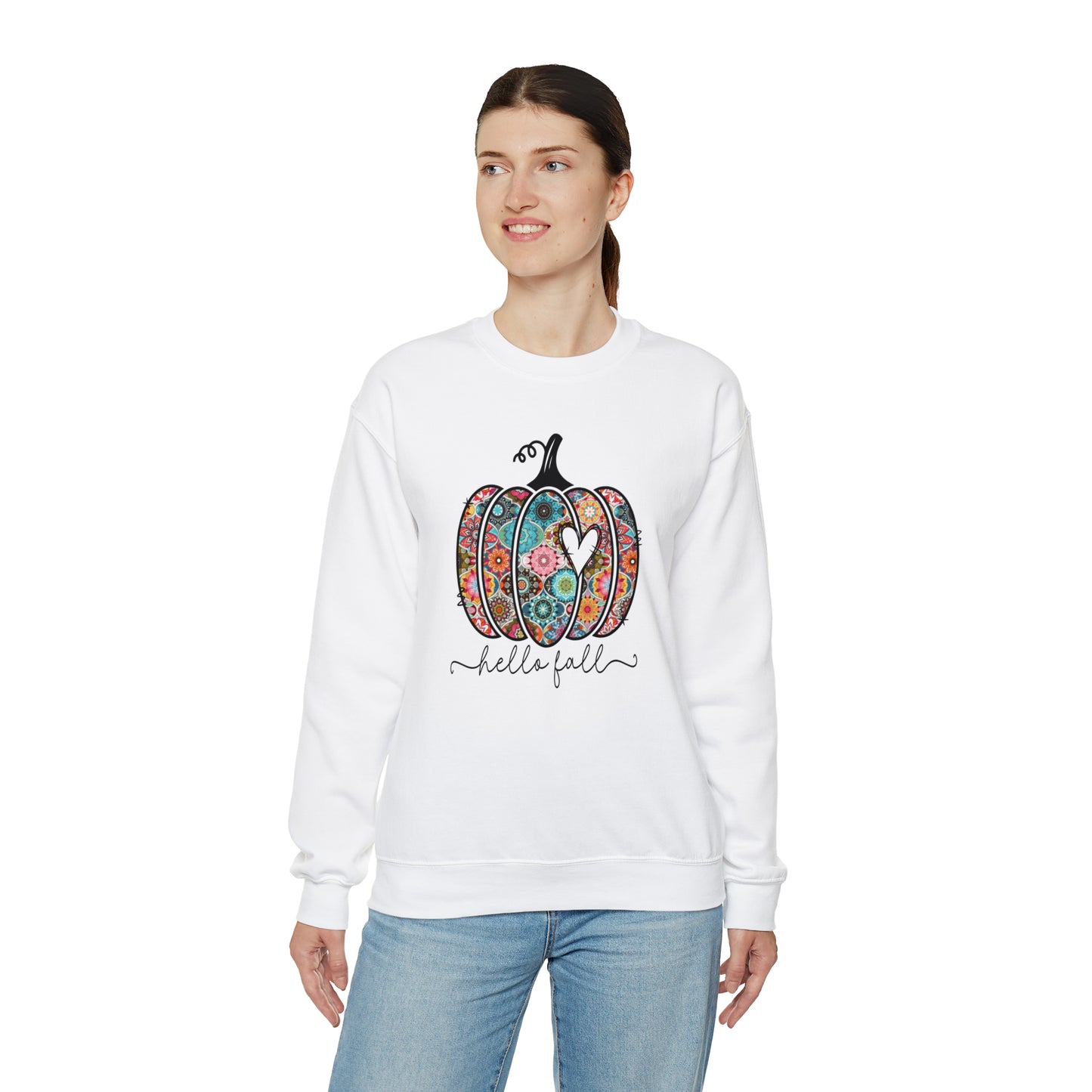 Hello Fall Print Pumpkin Fall Halloween Retro Warm Colored Unisex Heavy Blend™ Crewneck Sweatshirt
