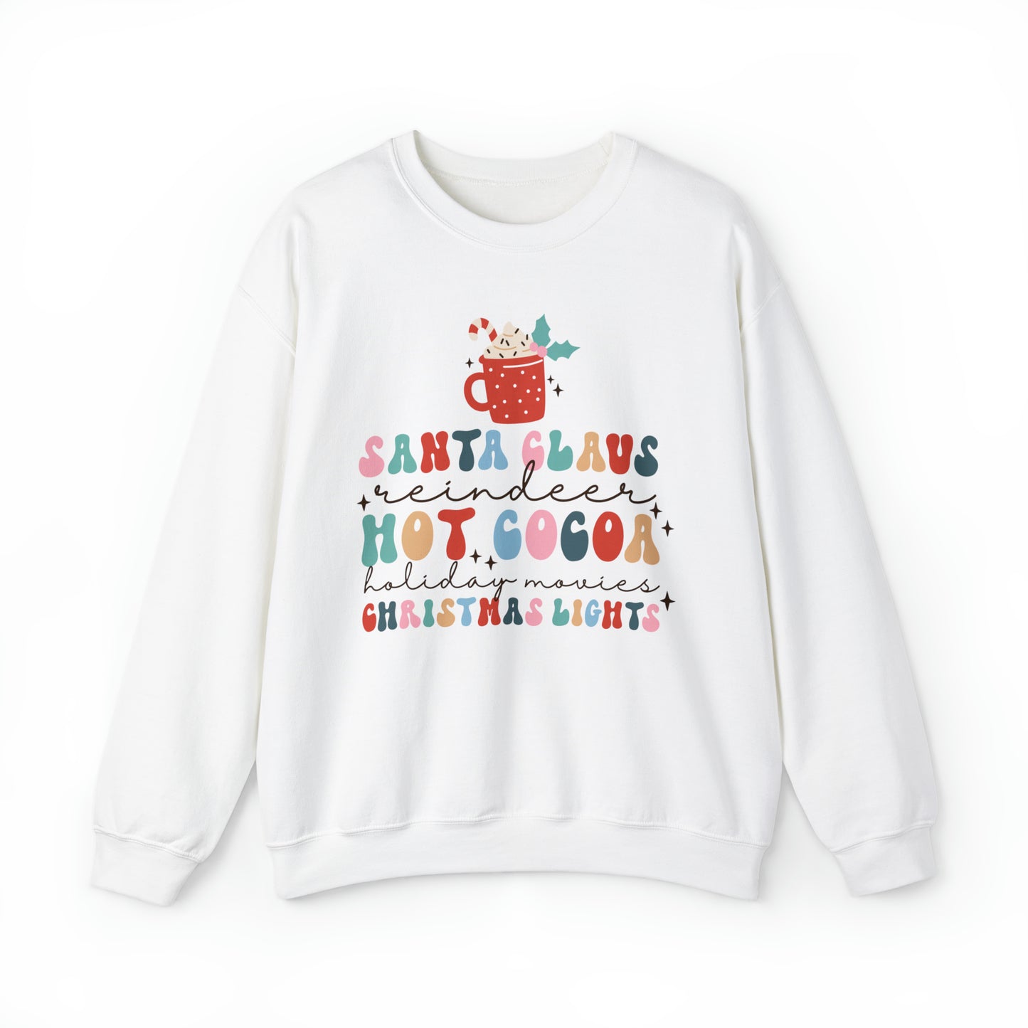 Santa Claus Reindeer Hot Cocoa Christmas Lights Heavyweight Crewneck Sweatshirt