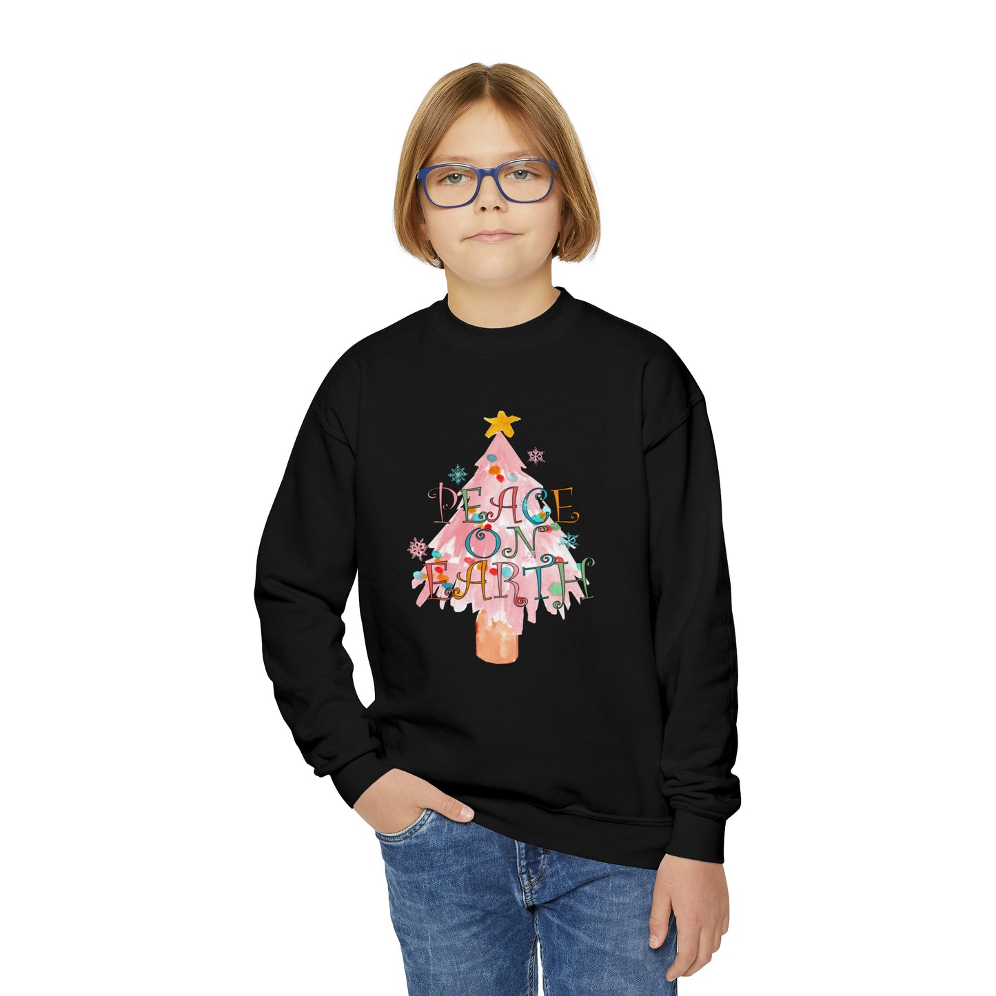 YOUTH - Peace on Earth Pink Christmas Tree/ Holiday Youth Crewneck Sweatshirt