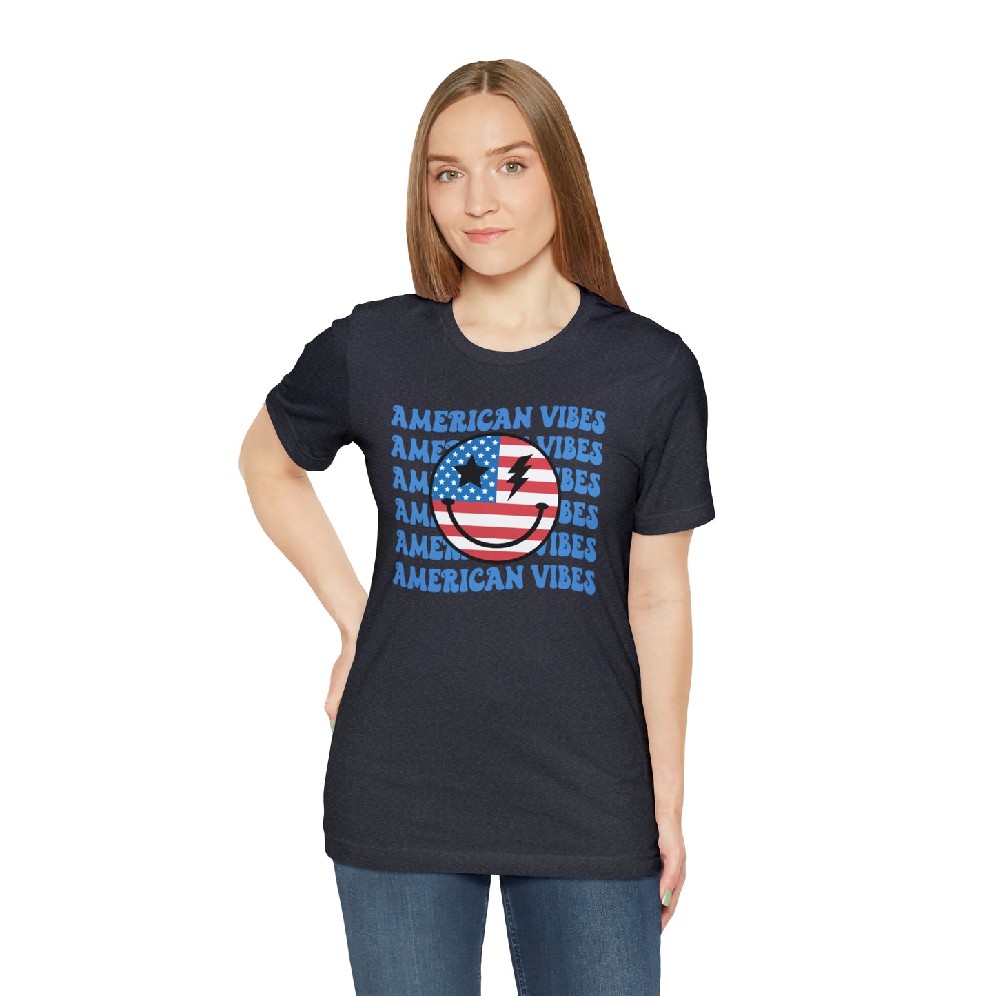 USA American Vibes American Flag Smiley Face Unisex Jersey Short Sleeve Tee