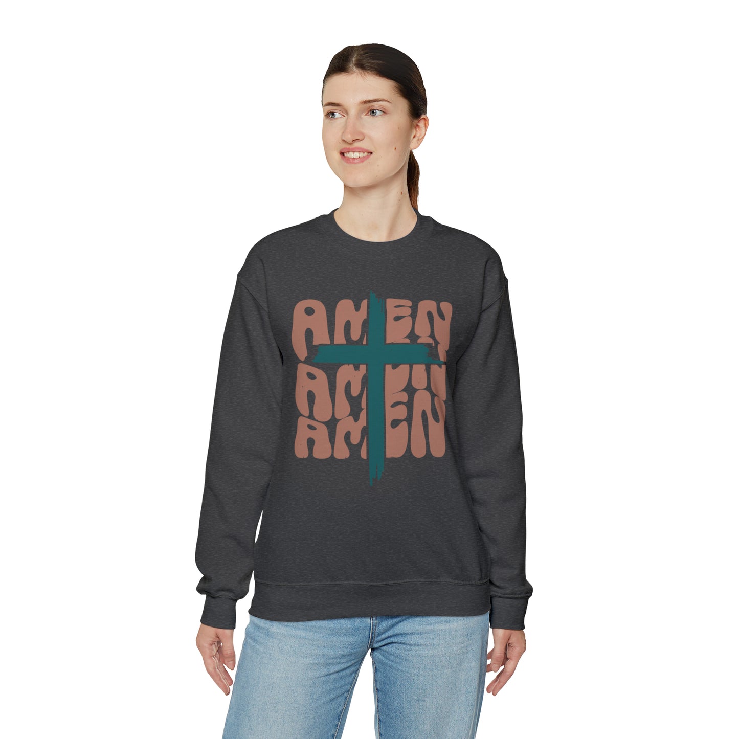 Vintage Amen Amen Amen with Cross Design Boho Color Print Heavy Blend™ Crewneck Sweatshirt