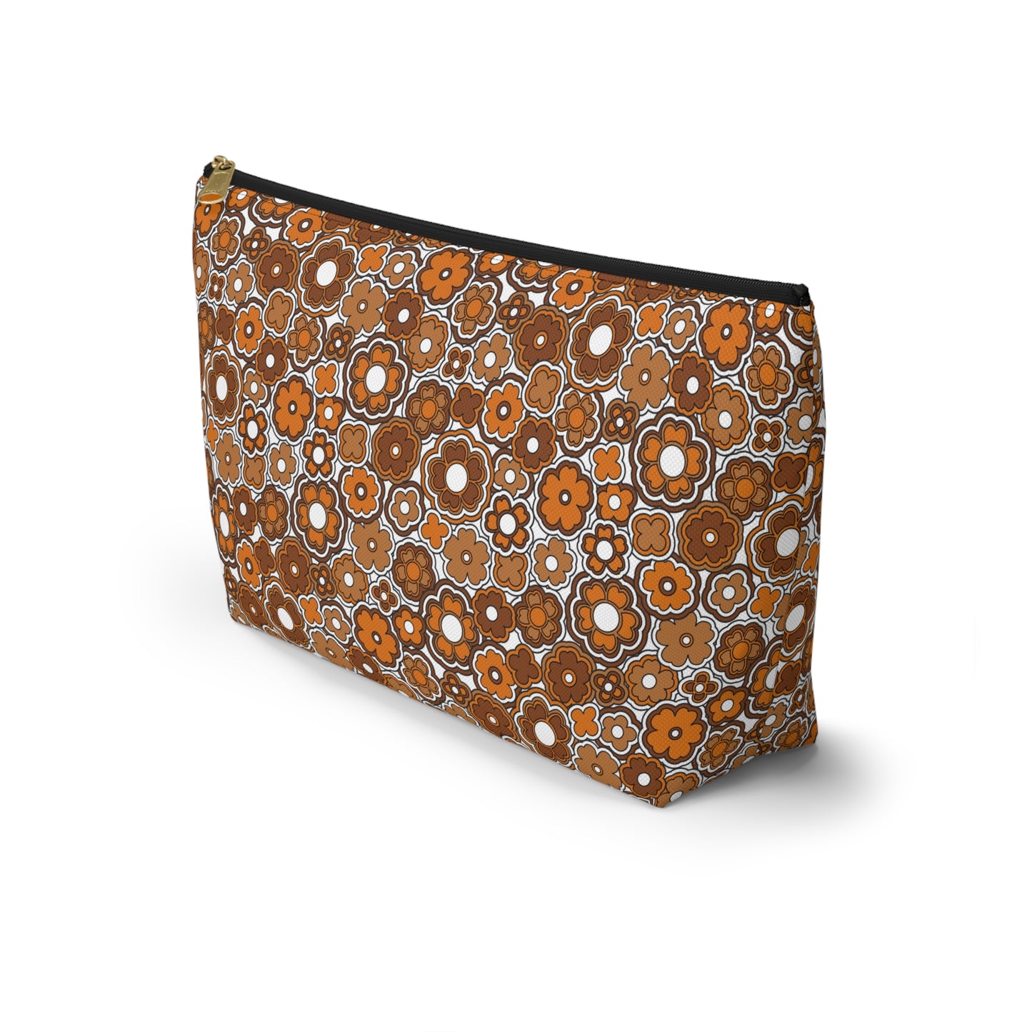 Flower Power Retro Brown Floral Print Design  Accessory Pouch w T-bottom