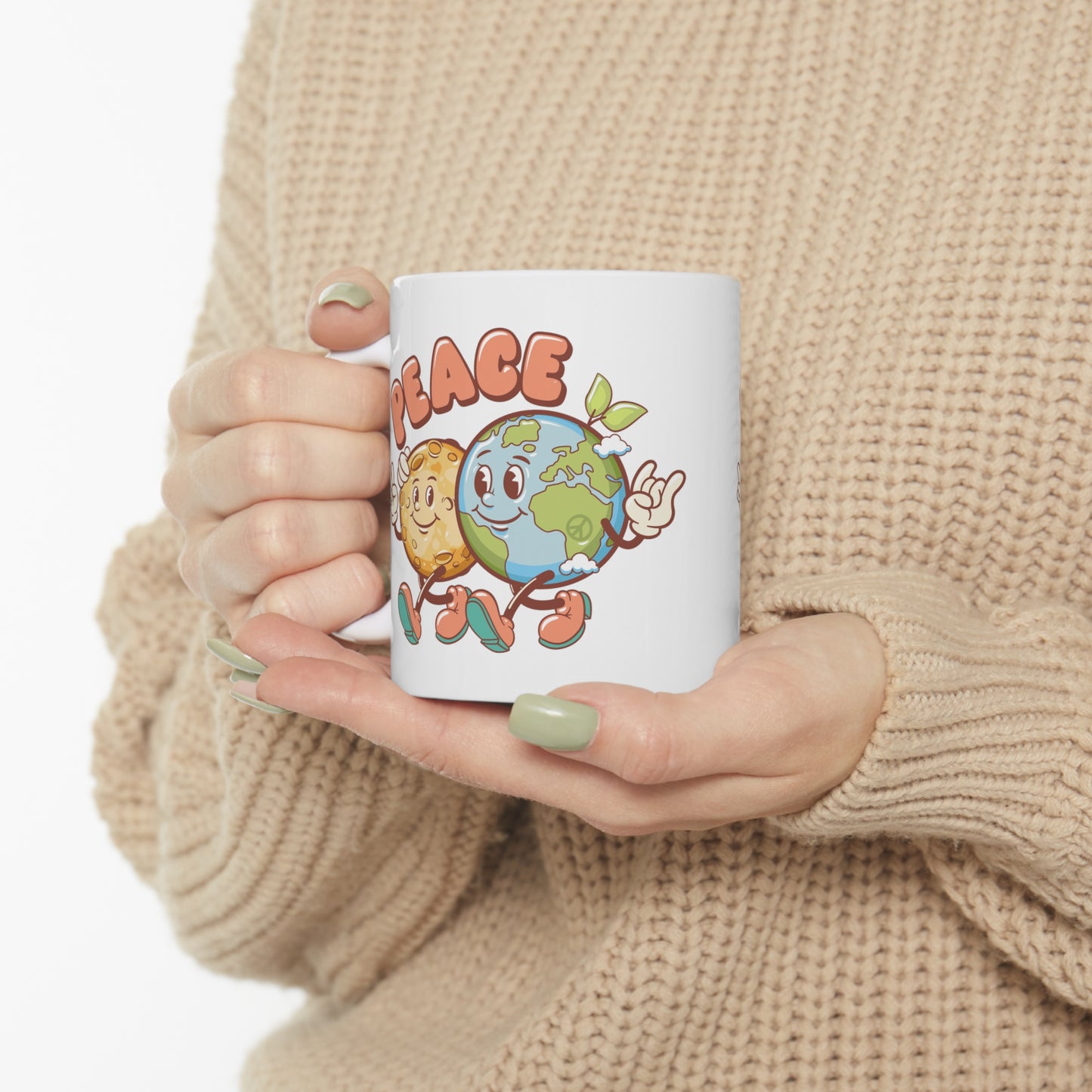 Earth and Moon Characters Spreading World Peace Ceramic Mug 11oz