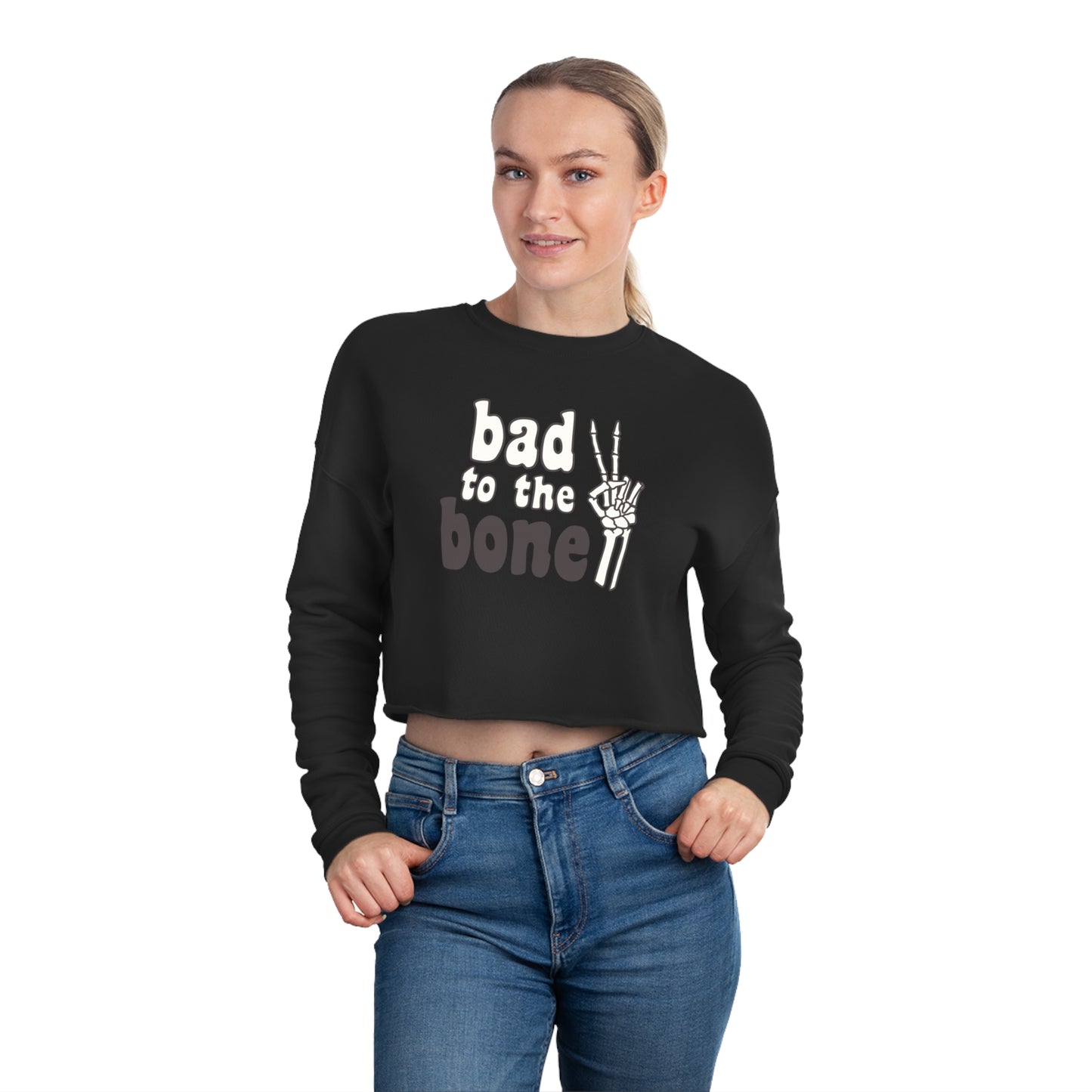 Bad to the Bone Halloween/ Fall Cropped Sweatshirt - Black