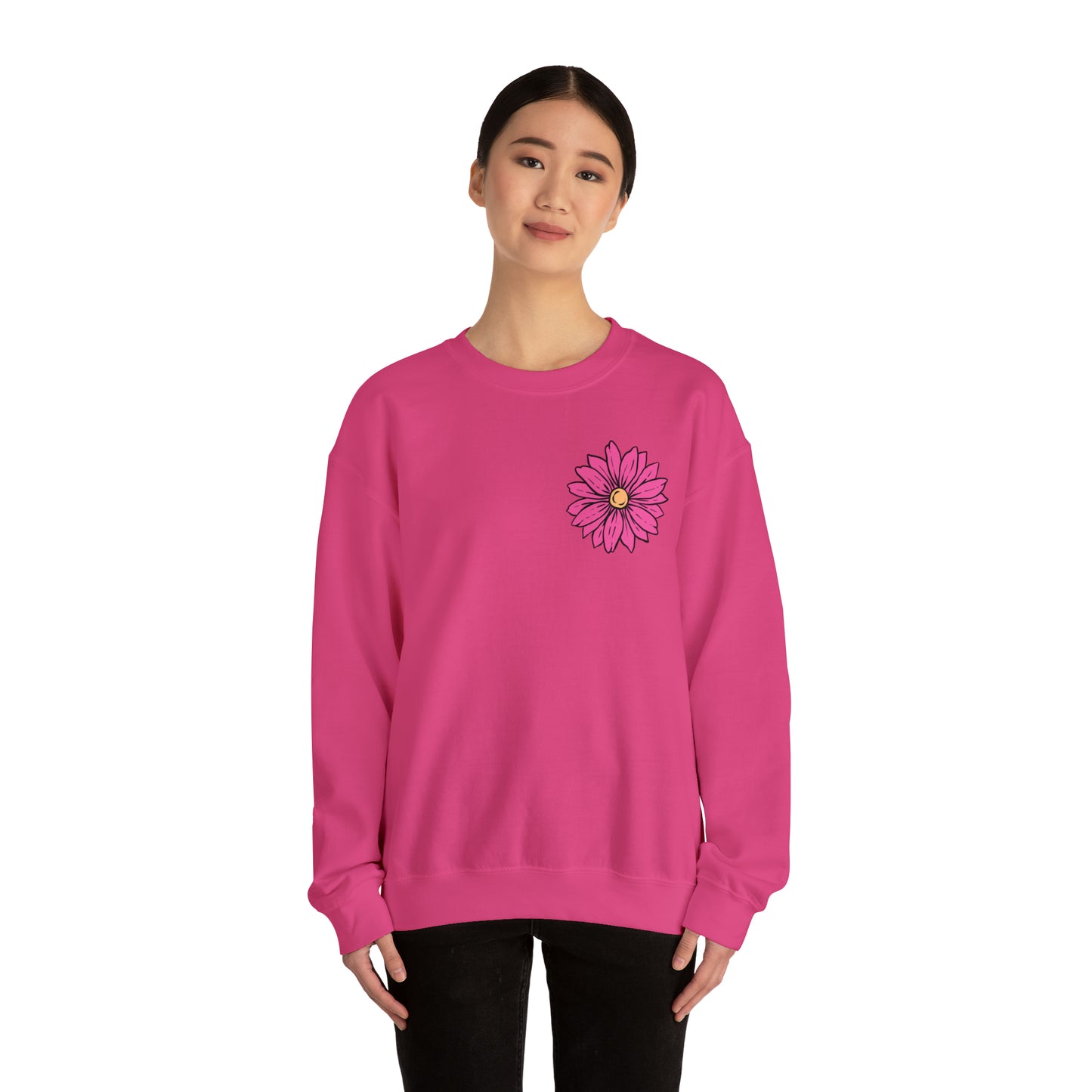 FRONT AND BACK DESIGN Positive Energy (Flower on Front and Message on Back) Font Heavy Blend™ Crewneck Sweatshirt