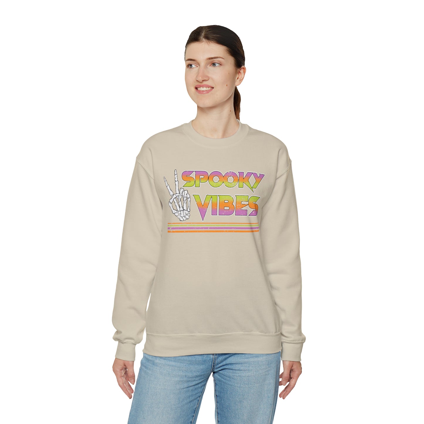 Spooky 80's Vibes Vintage Skeleton Piece Sign Fall Halloween Unisex Heavy Blend™ Crewneck Sweatshirt