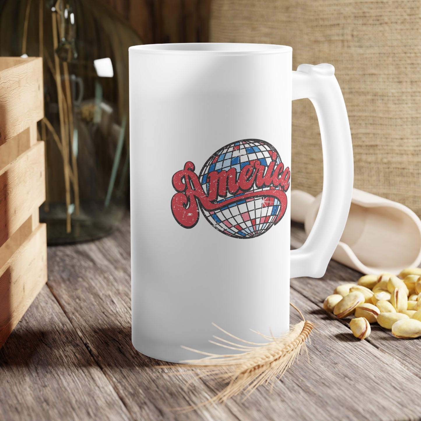 Disco Ball America /United States / USA/ 4th of July Frosted Glass Beer Mug