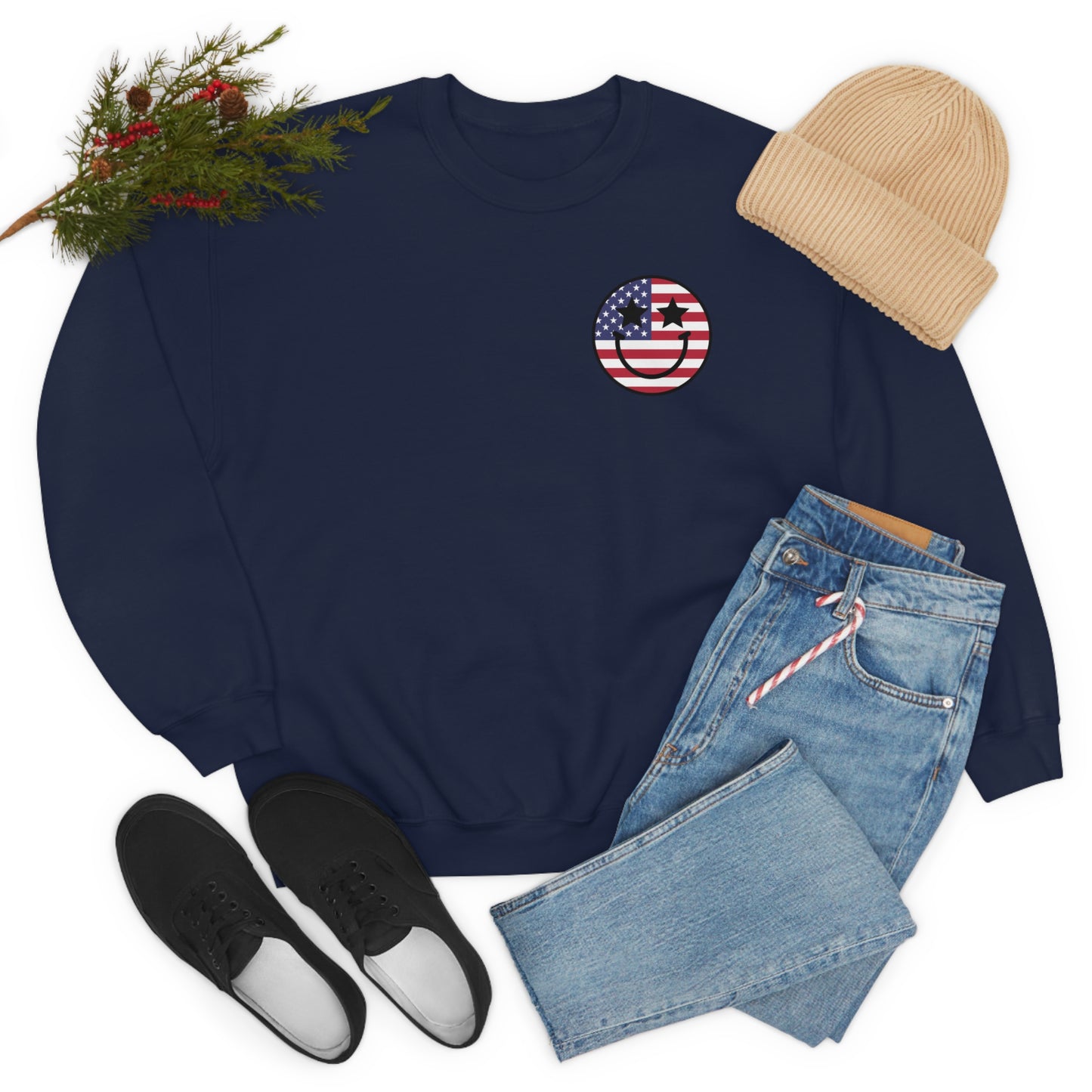 "Land of the Free Because of the Brave with Smiley Face Front" (Front & Back Design) - Unisex Heavy Blend™ Crewneck Sweatshirt