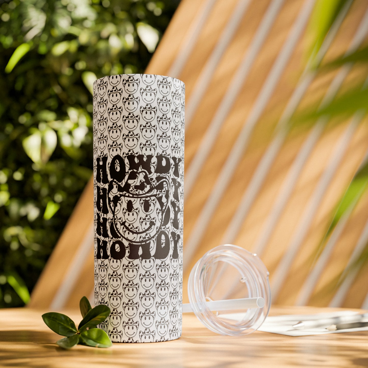 Howdy Howdy Howdy Smiley Face with Cowboy Hat Skinny Tumbler with Straw, 20oz