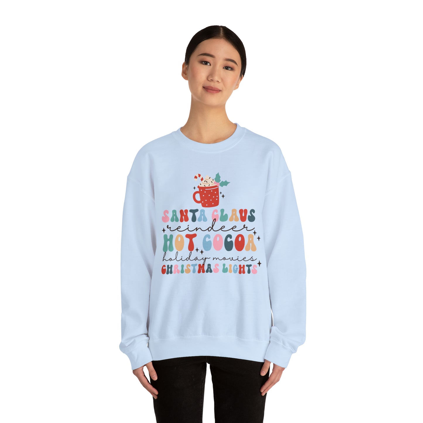 Santa Claus Reindeer Hot Cocoa Christmas Lights Heavyweight Crewneck Sweatshirt