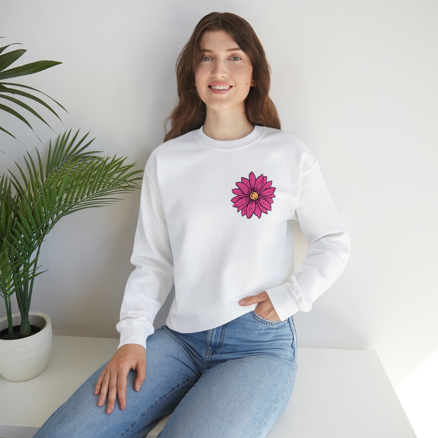 FRONT AND BACK DESIGN Positive Energy (Flower on Front and Message on Back) Font Heavy Blend™ Crewneck Sweatshirt
